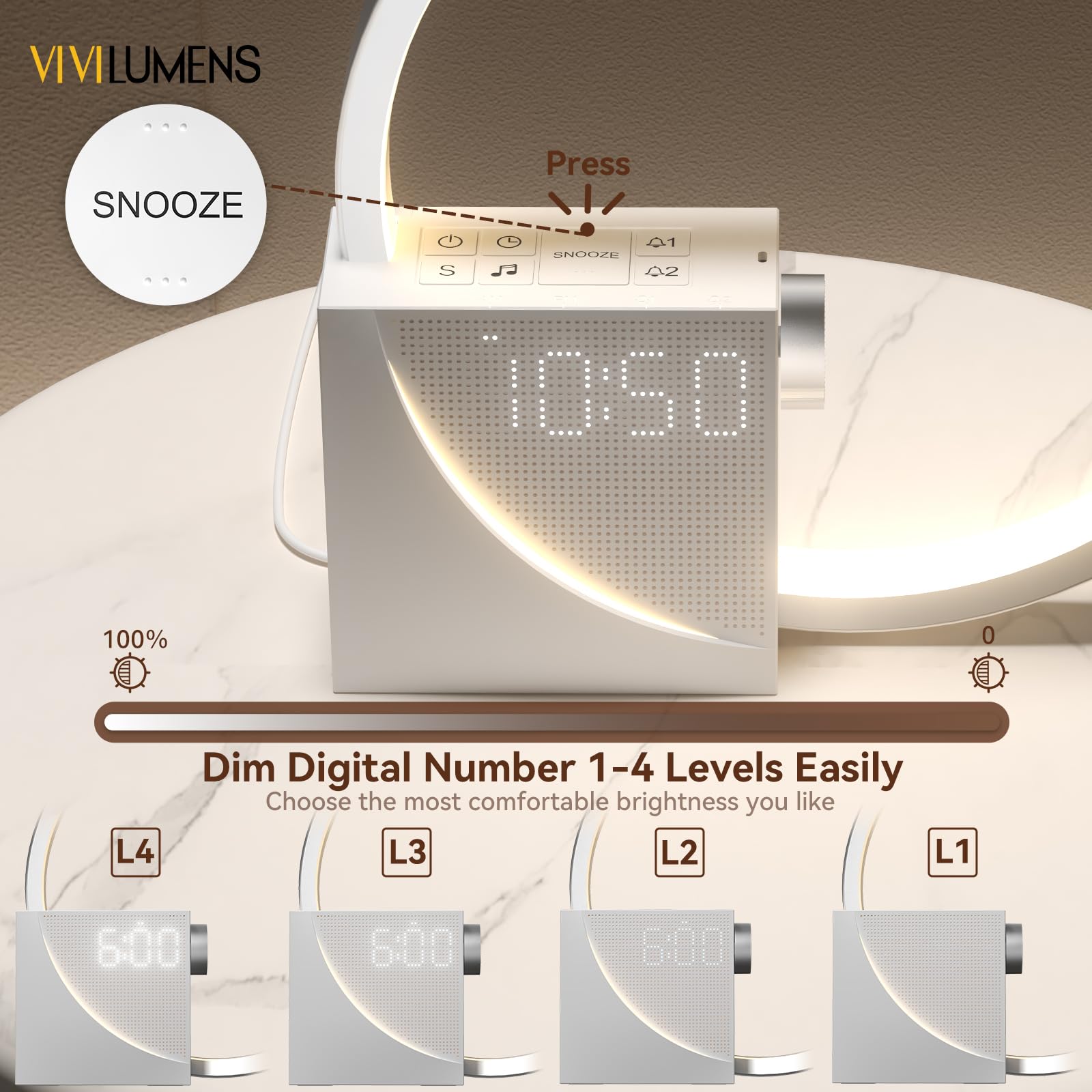 Vivilumens Sunrise Alarm Clock for Heavy Sleepers Adults, Wake-up Light, Sleep Aid 10 White Noise Sound Machines with 30/60/90 Timer, 3 Level Dimmable Touch Table Lamp with Snooze USB Charger Port