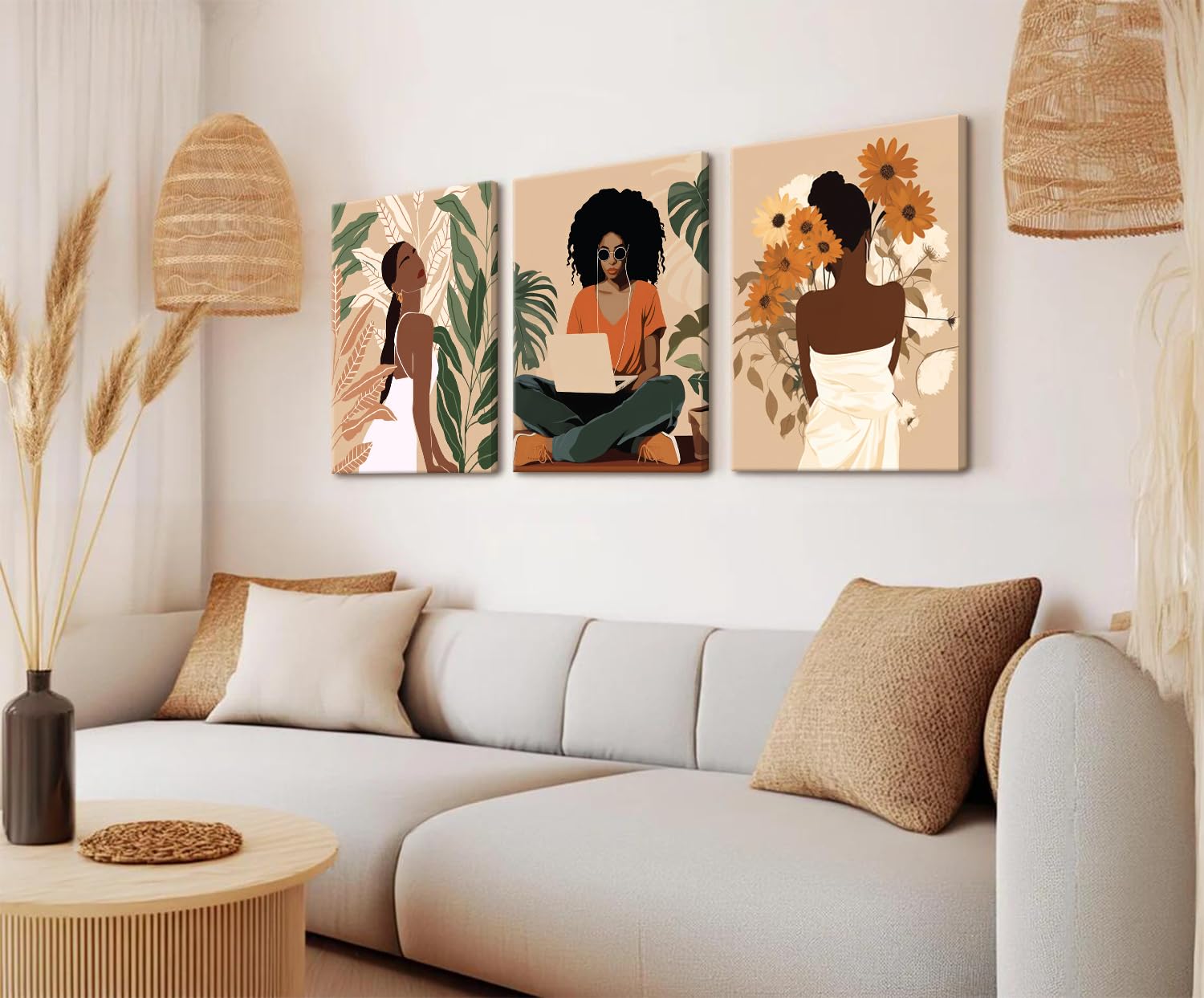 Framed Black Girl Wall Art Set of 3, Black Woman with Floral Pictures Wall Decor Paintings, Fashion African American Female Canvas Prints Home Decor for Living Room Bedroom Office 16x24 inch