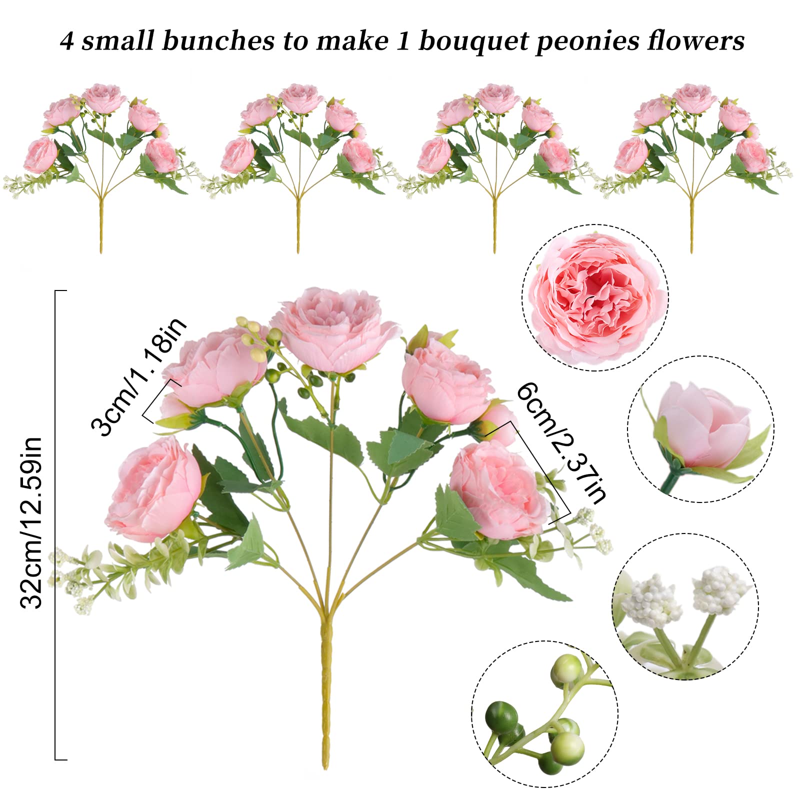 4 Bundles Artificial Peonies Silk Flowers, White Faux Peony Bouquet Florals Arrangements Decor for Farmhouse Home Boho Wedding Table Centerpiece, Fake Plastic Flowers Bulk Vase Decoration (White)