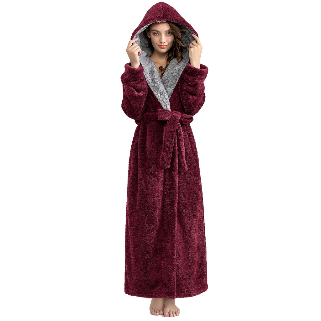 Hellomamma Long Hooded Robe for Women Luxurious Flannel Fleece Full Length Bathrobe Winter Warm Pajamas Shower Nightgown