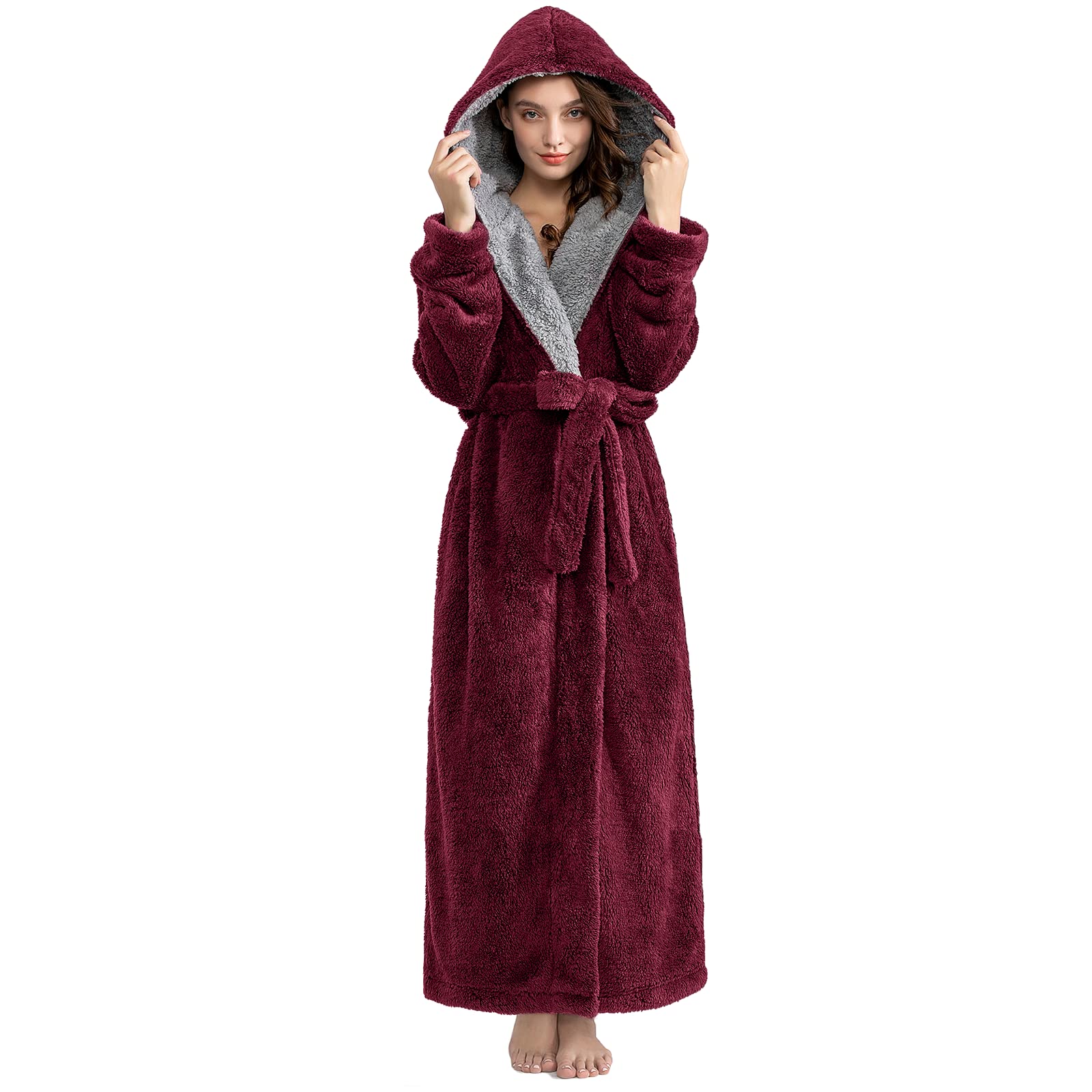 Hellomamma Long Hooded Robe for Women Luxurious Flannel Fleece Full Length Bathrobe Winter Warm Pajamas Shower Nightgown