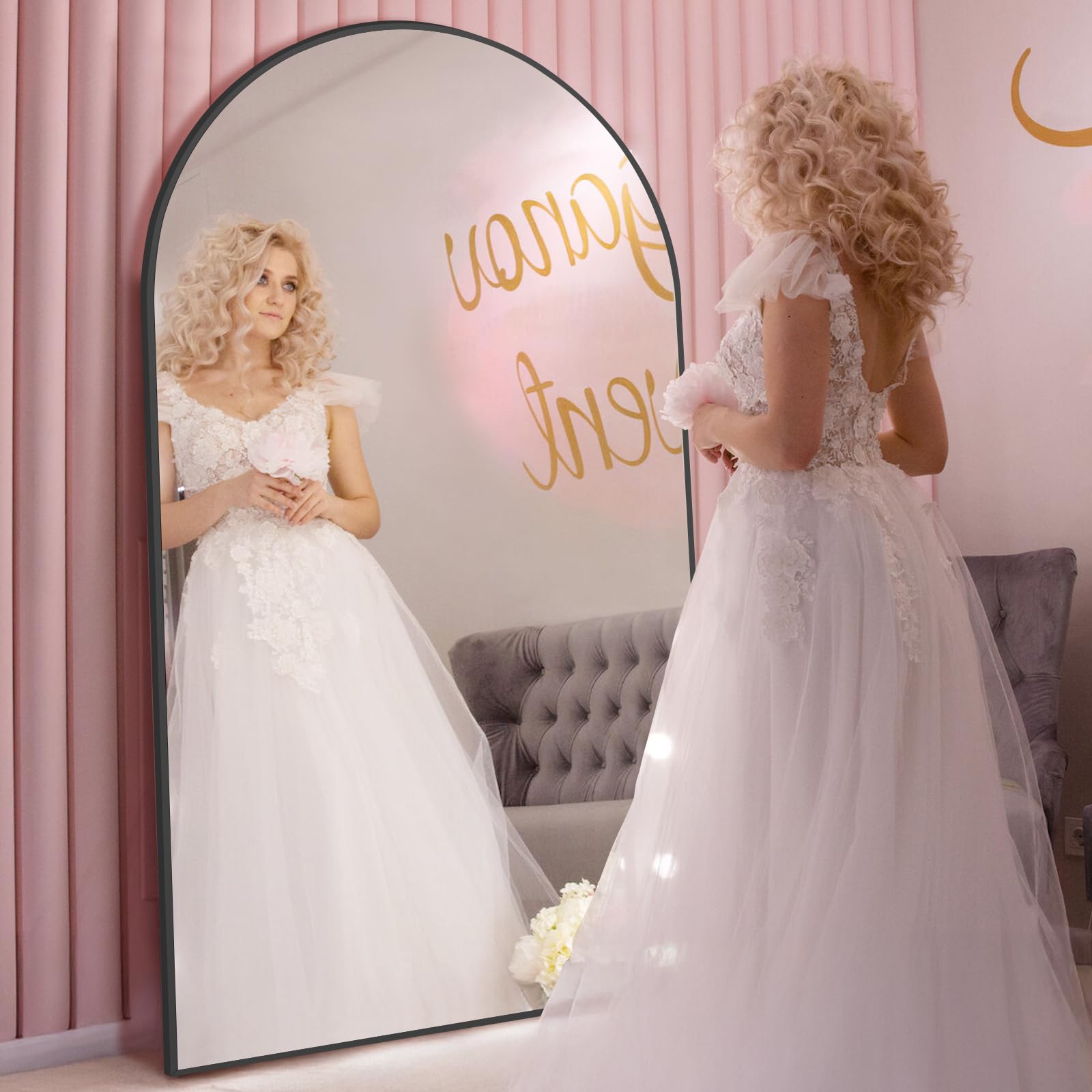 Oversized Floor Mirror Full Length with Stand, 72"X44" Extra Large Arch Standing Mirror Full Length, Tempered Glass Black Full Body Mirror for Bedroom Living Room, Aluminum Alloy Frame