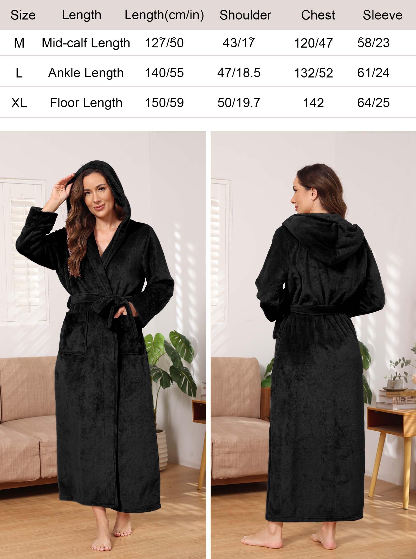 Hellomamma Long Hooded Robe for Women Luxurious Flannel Fleece Full Length Bathrobe Winter Warm Pajamas Shower Nightgown