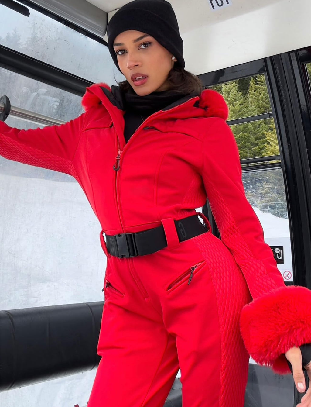 GSOU SNOW Ski Suit Womens One Piece Snowsuit Snowboard Jacket Slim Snow Jumpsuit Faux Fur Ski Outfit Waterproof Windproof