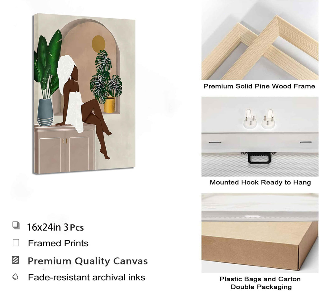 WSTUKVV 3Pcs Black Girl Bathroom Wall Art Boho Black Woman Posters Pictures African American Canvas Prints Fashion Abstract Paintings For Bathroom Home Bedroom Living Room Wall Decor Frame