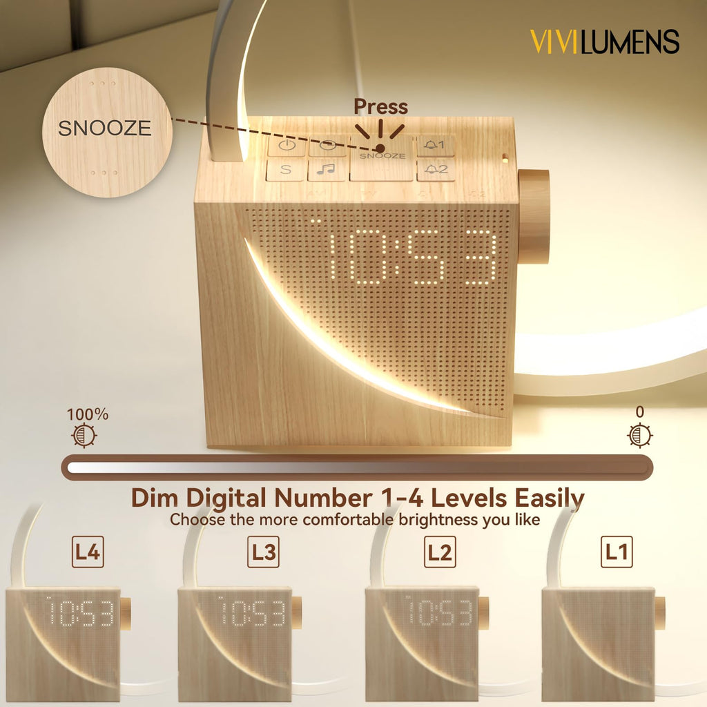 Vivilumens Sunrise Alarm Clock for Heavy Sleepers Adults, Wake-up Light, Sleep Aid 10 White Noise Sound Machines with 30/60/90 Timer, 3 Level Dimmable Touch Table Lamp with Snooze USB Charger Port