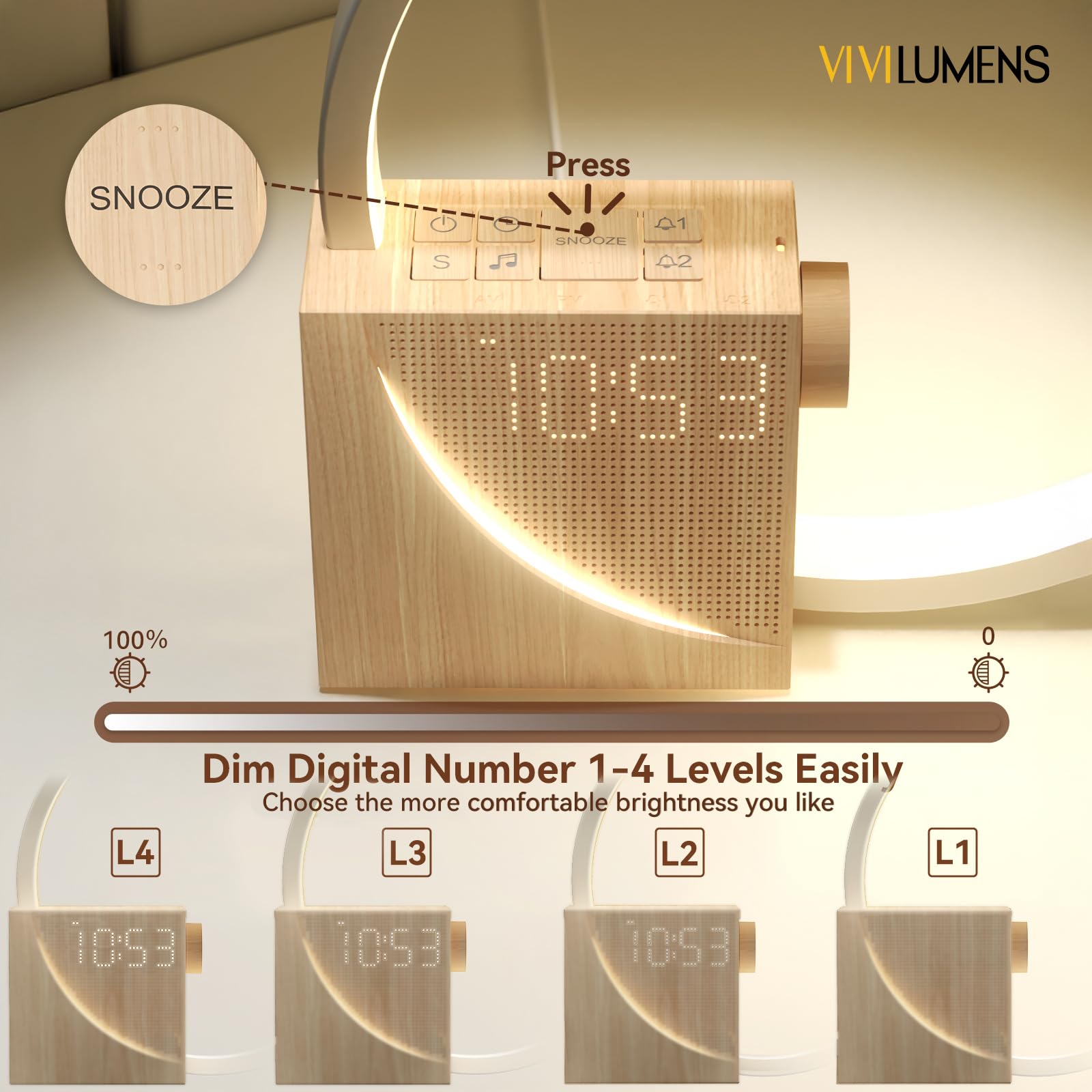 Vivilumens Sunrise Alarm Clock for Heavy Sleepers Adults, Wake-up Light, Sleep Aid 10 White Noise Sound Machines with 30/60/90 Timer, 3 Level Dimmable Touch Table Lamp with Snooze USB Charger Port