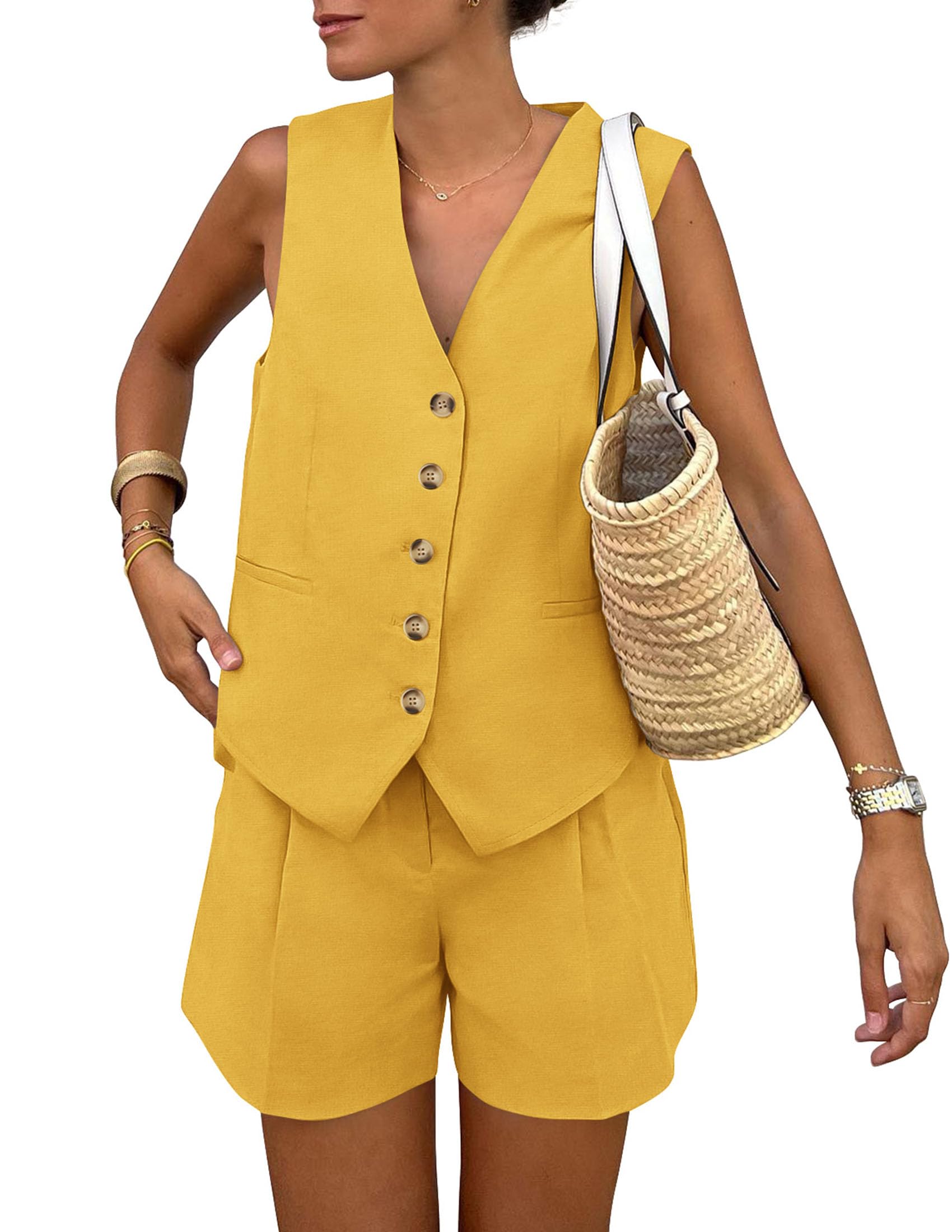 PRETTYGARDEN Women's Summer 2 Piece Outfits Sleeveless Matching Sets Button Down V Neck Vest Waistcoat and Pockets Shorts