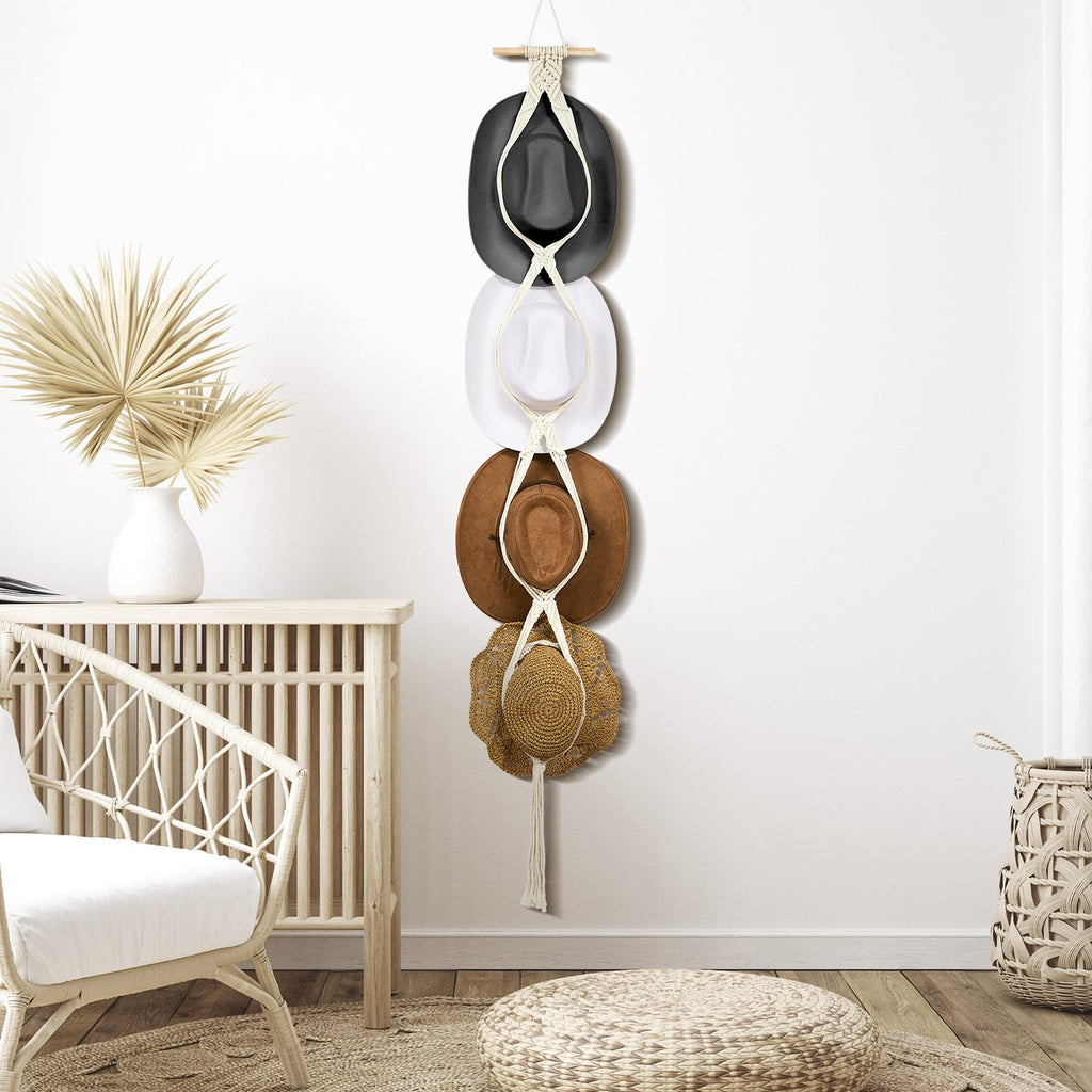 Yulejo Macrame Hat Hangers Boho Hat Rack for Wall Western Cowboy Hanging Organizer for Door Wall Room Bedroom
