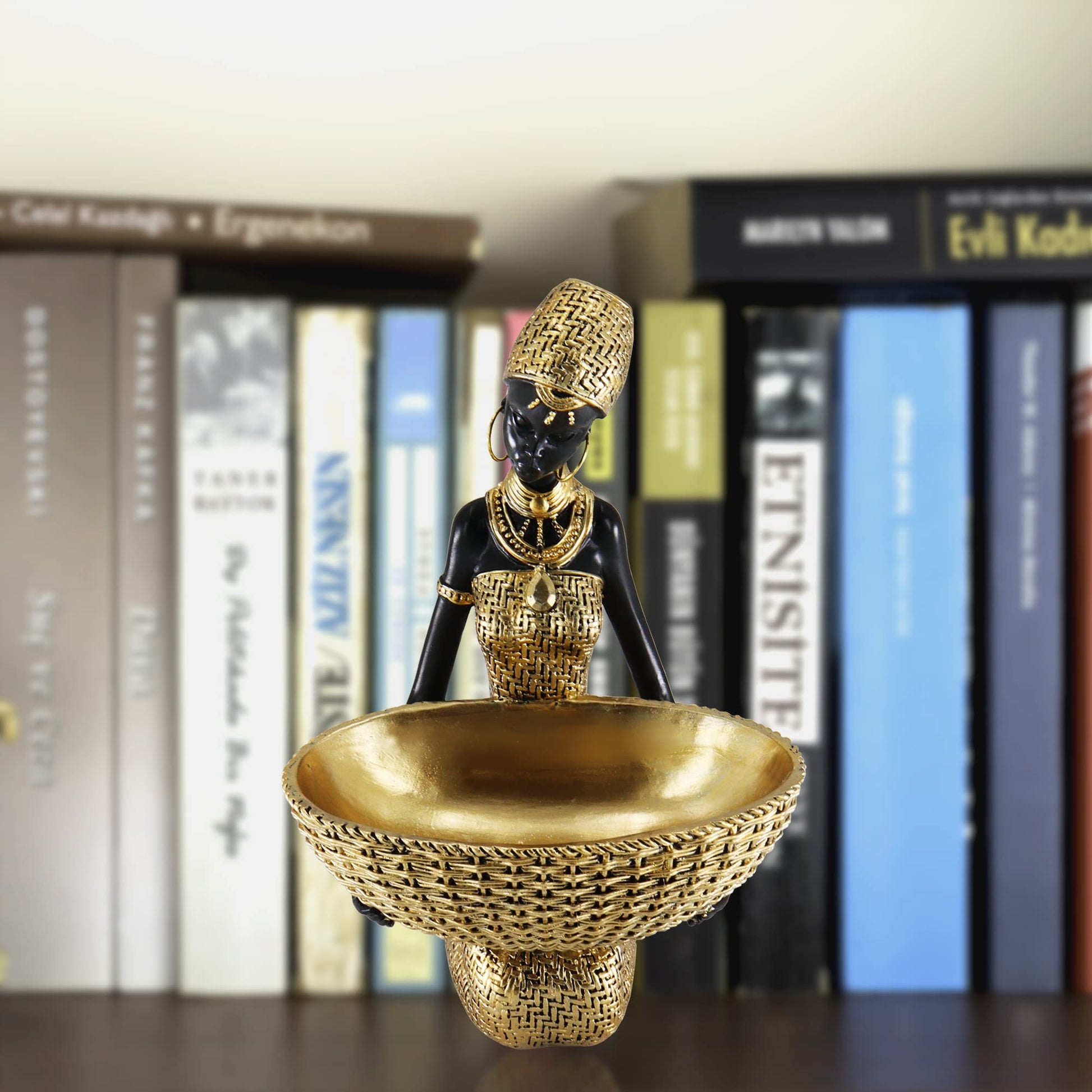 Handmade African Tribal Woman Sculpture - Gold Adorned Seated Figure with Basket, Vintage Resin Statue for Home Decor, Unique Housewarming Gift for Shelf/Table (9.65" H)