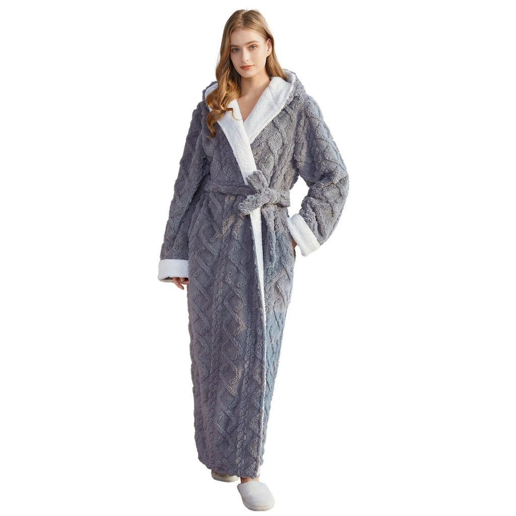 Hellomamma Long Hooded Robe for Women Luxurious Flannel Fleece Full Length Bathrobe Winter Warm Pajamas Shower Nightgown