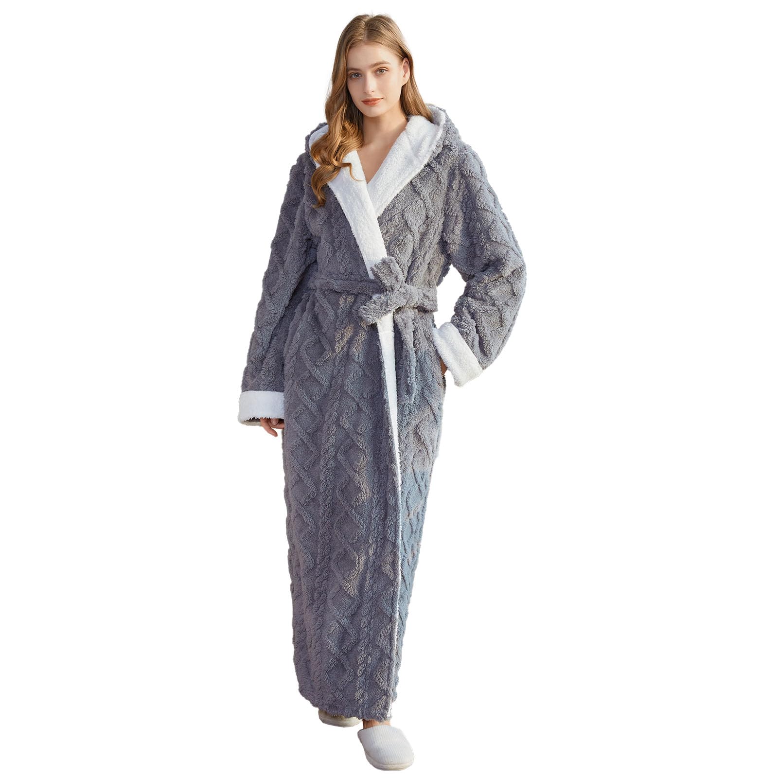 Hellomamma Long Hooded Robe for Women Luxurious Flannel Fleece Full Length Bathrobe Winter Warm Pajamas Shower Nightgown