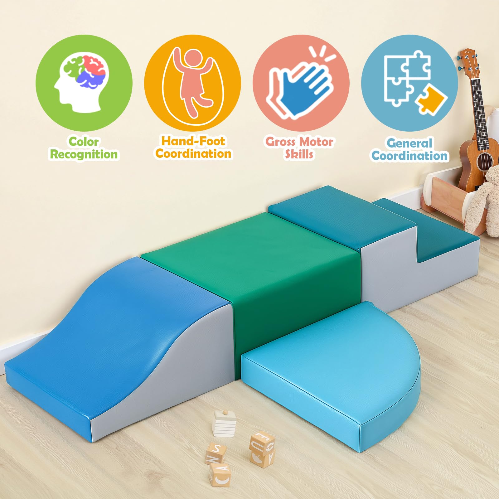 4-Piece Soft PU Leather Toddlers Climbing Toys, Baby Foam Climbing Blocks for Toddlers 3, Foam Play Gym Climbing Structures, Indoor Climb and Crawl Activity Play Set (White and Coffee)