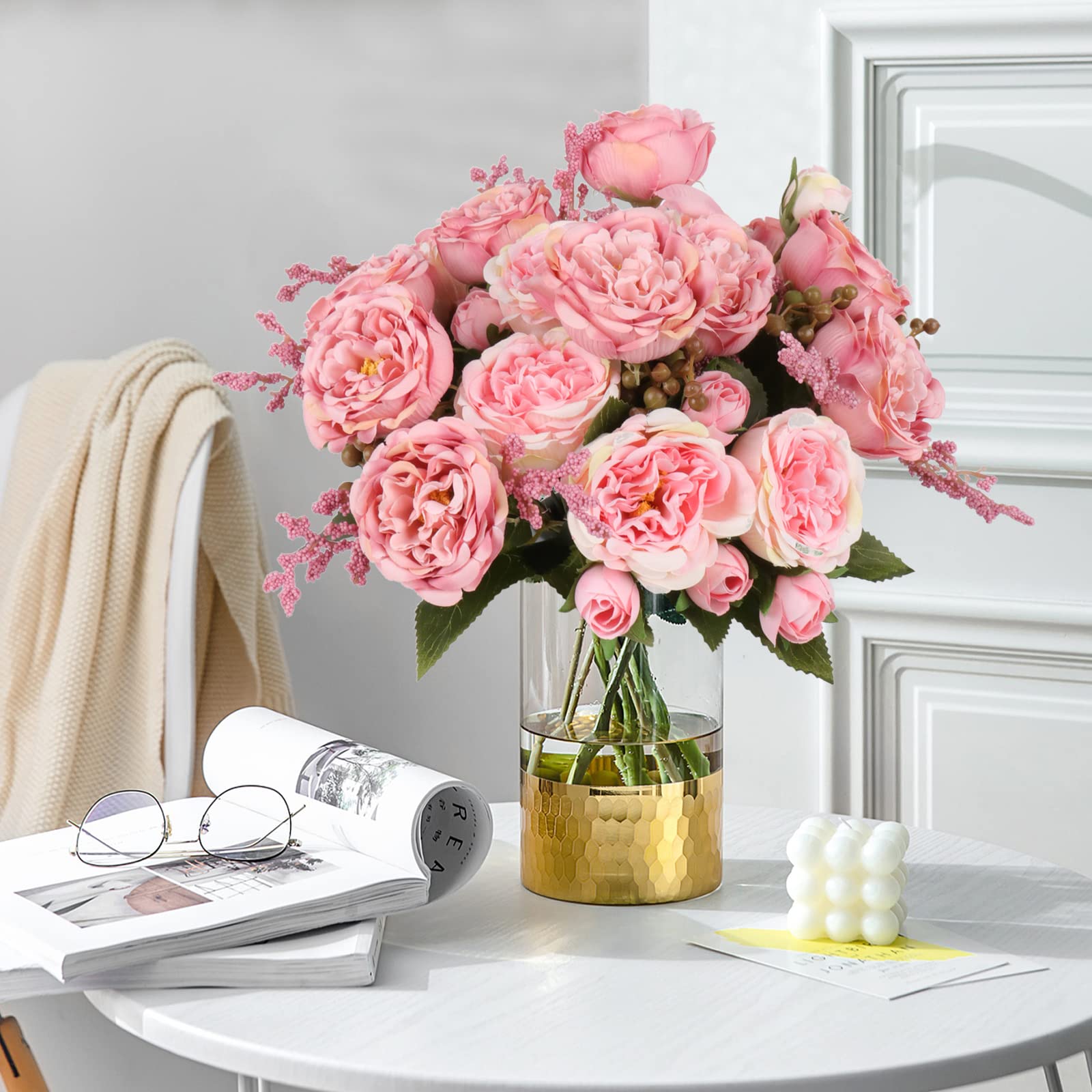 4 Bundles Artificial Peonies Silk Flowers, White Faux Peony Bouquet Florals Arrangements Decor for Farmhouse Home Boho Wedding Table Centerpiece, Fake Plastic Flowers Bulk Vase Decoration (White)