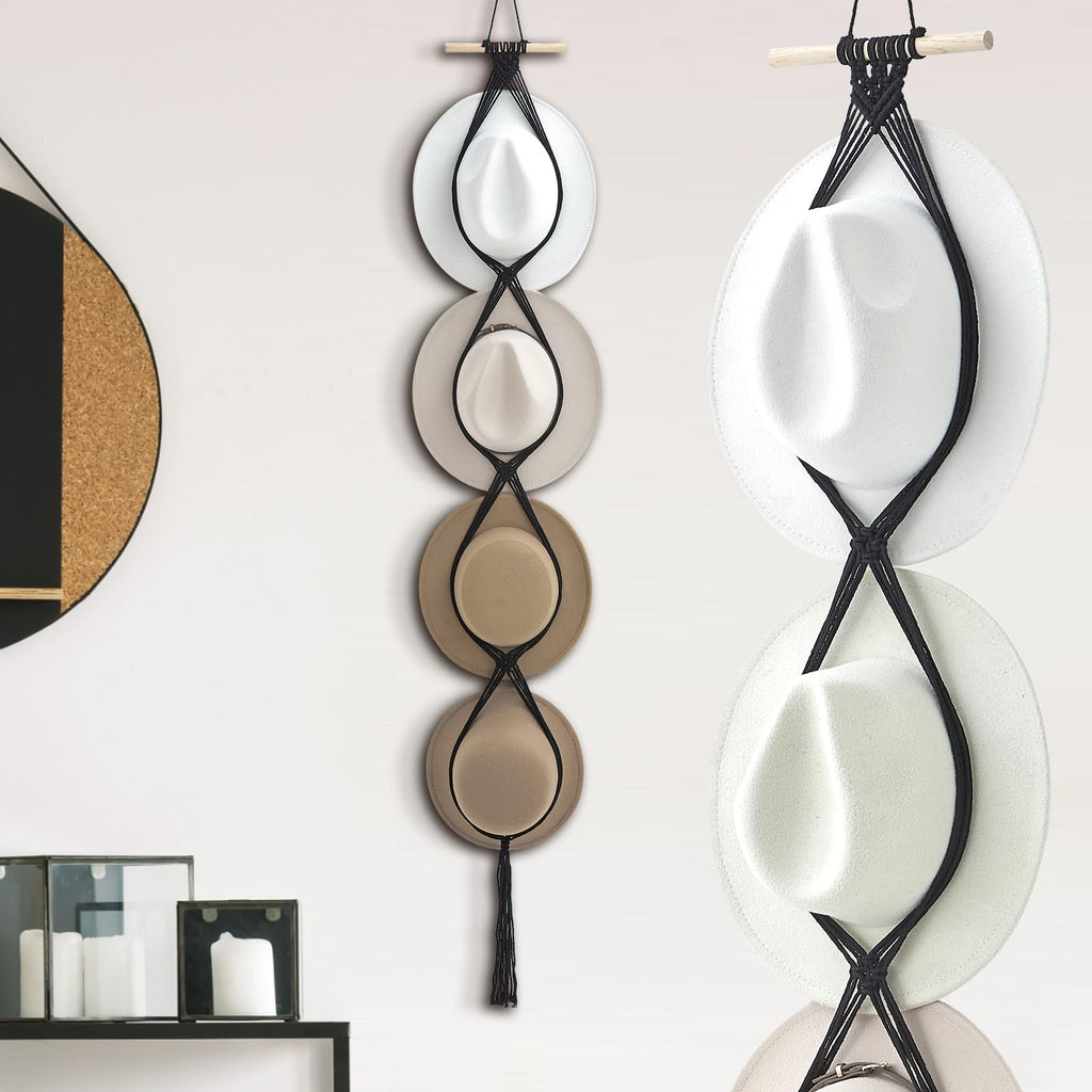 Yulejo Macrame Hat Hangers Boho Hat Rack for Wall Western Cowboy Hanging Organizer for Door Wall Room Bedroom