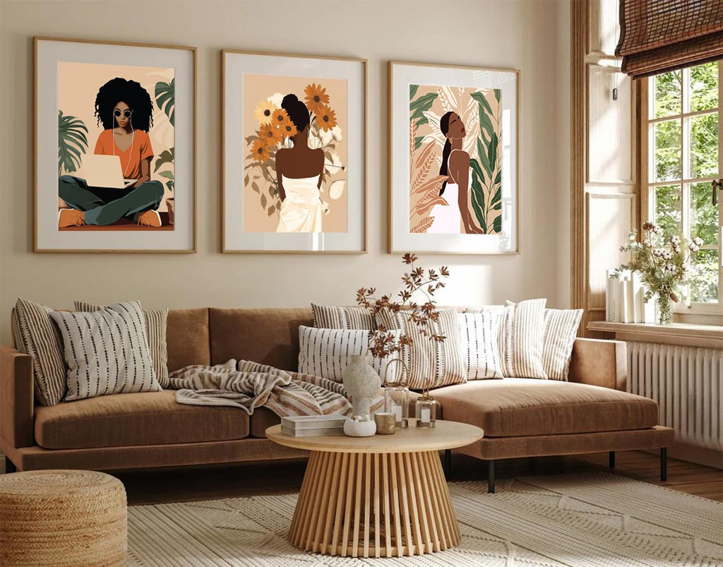 Framed Black Girl Wall Art Set of 3, Black Woman with Floral Pictures Wall Decor Paintings, Fashion African American Female Canvas Prints Home Decor for Living Room Bedroom Office 16x24 inch