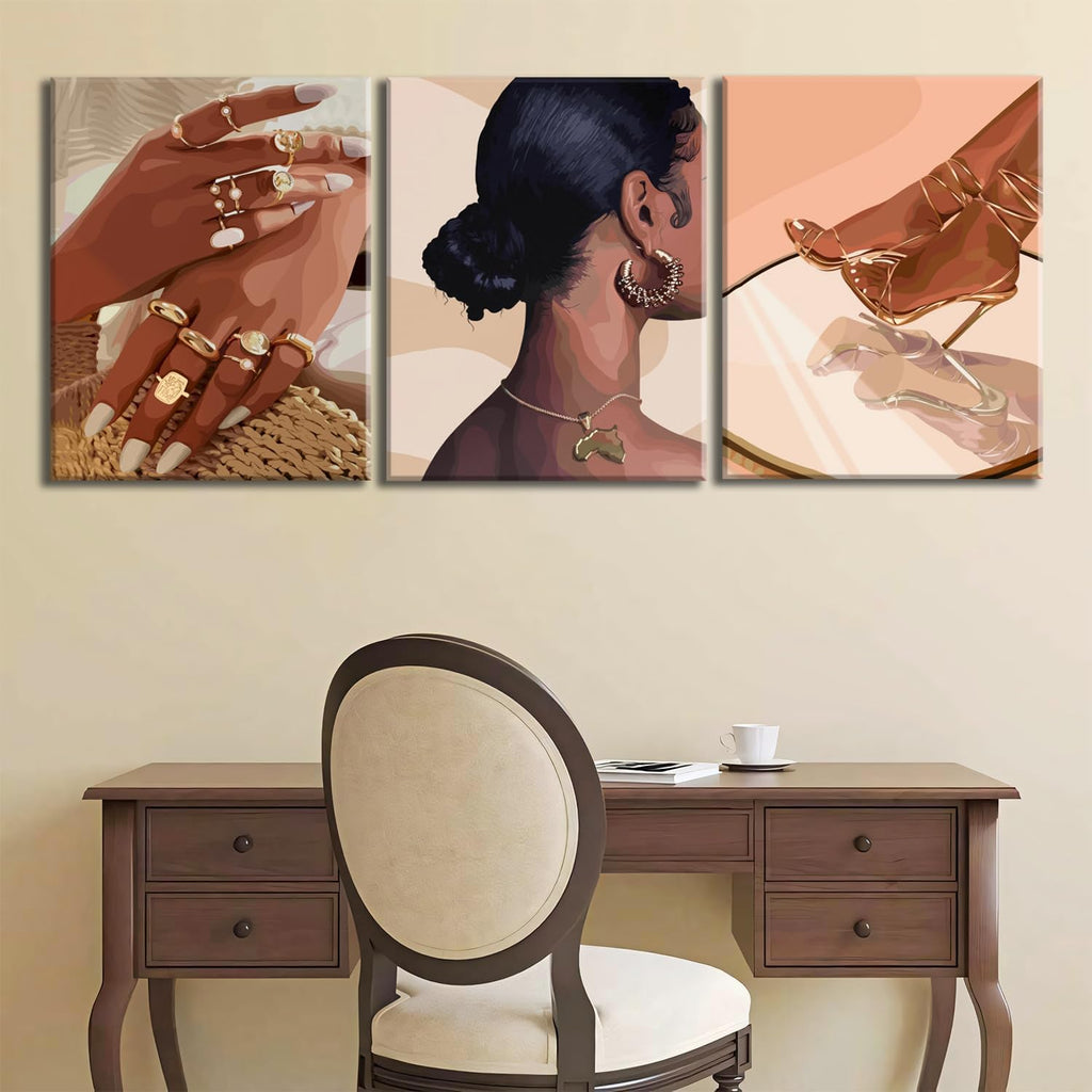 Framed Black Girl Wall Art Set of 3, Black Woman with Floral Pictures Wall Decor Paintings, Fashion African American Female Canvas Prints Home Decor for Living Room Bedroom Office 16x24 inch