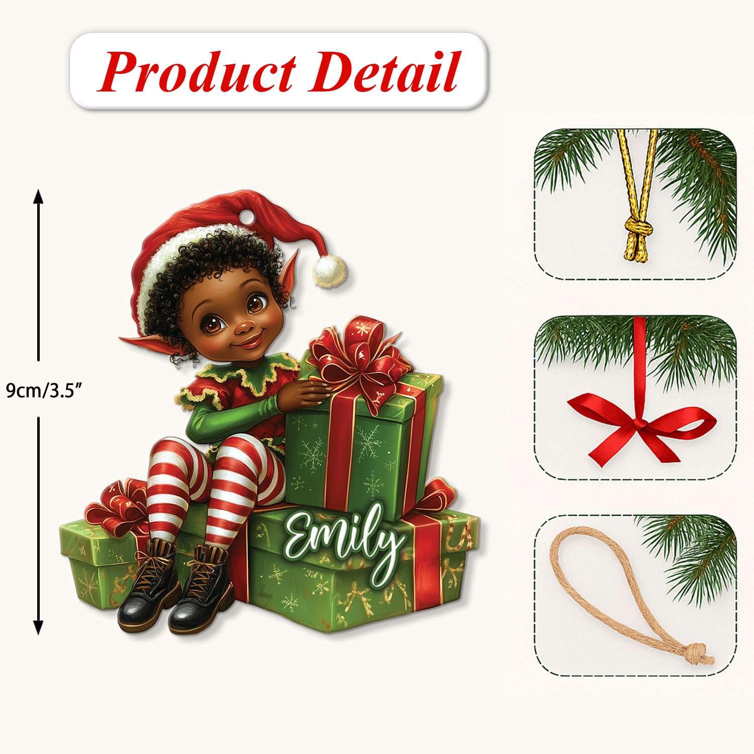 2D Acrylic Christmas Elf Shaped Ornament with Gift Box, Personalized Name Holiday Keepsake, Cute Ornament for Kids Room, Custom Name African-Inspired Decoration, Gifts for Boys