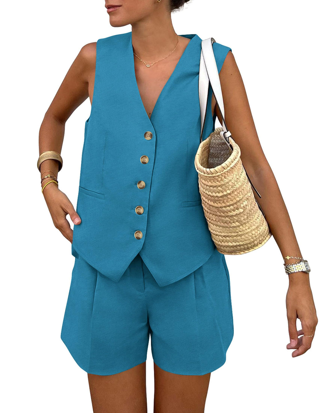 PRETTYGARDEN Women's Summer 2 Piece Outfits Sleeveless Matching Sets Button Down V Neck Vest Waistcoat and Pockets Shorts