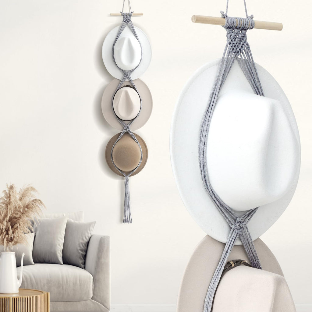 Yulejo Macrame Hat Hangers Boho Hat Rack for Wall Western Cowboy Hanging Organizer for Door Wall Room Bedroom