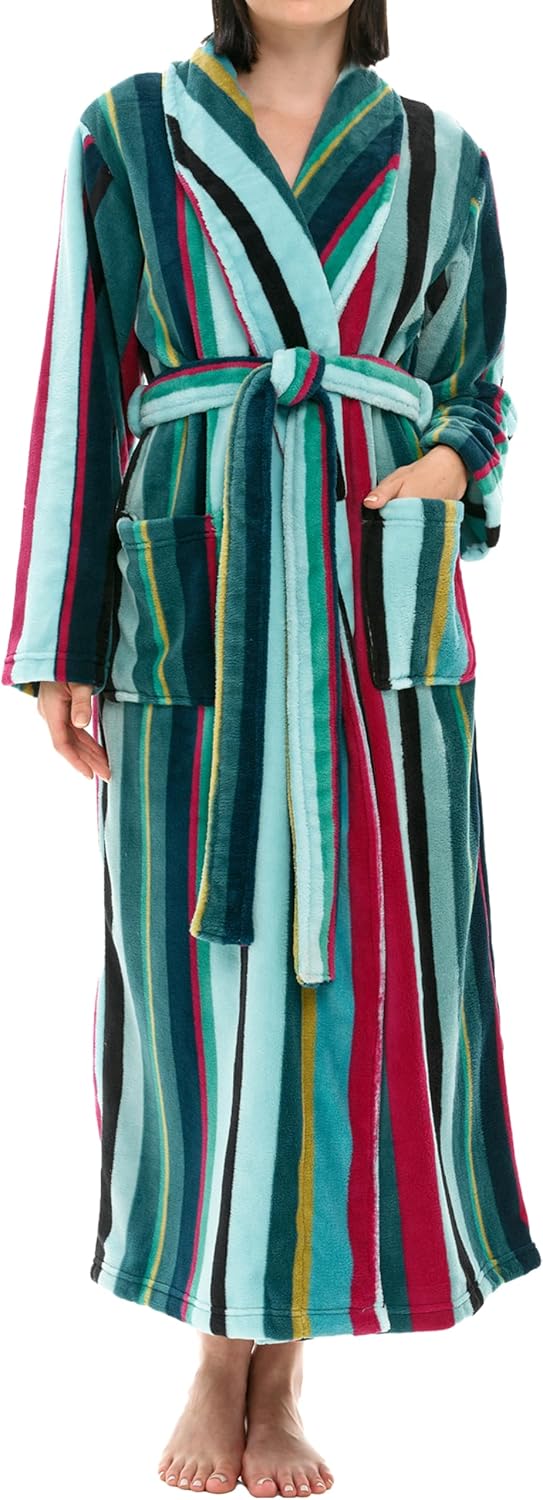Alexander Del Rossa Plush Striped Robe for Women, Long Fleece Plaid Winter Bath Robe, Plus Size