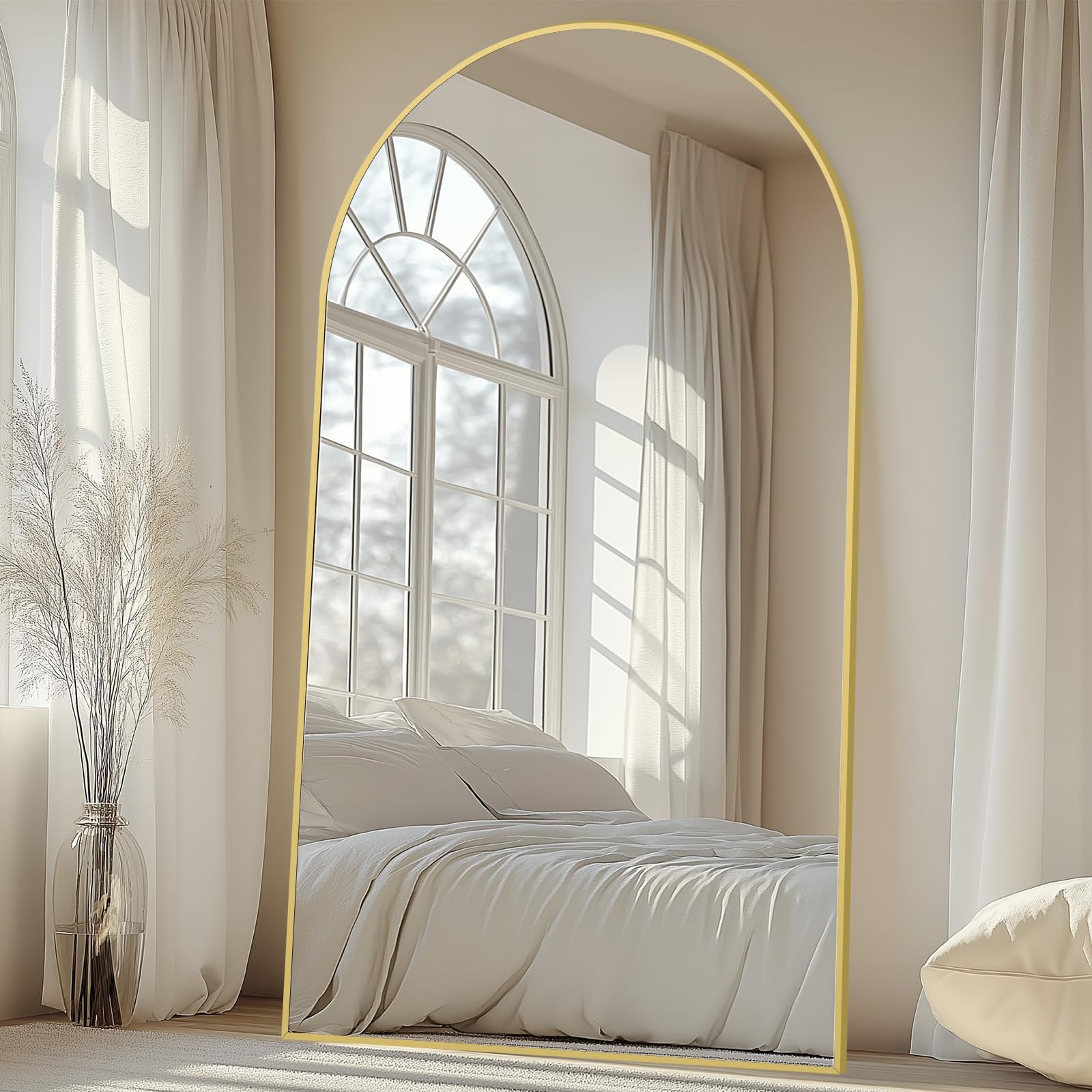 Oversized Floor Mirror Full Length with Stand, 72"X44" Extra Large Arch Standing Mirror Full Length, Tempered Glass Black Full Body Mirror for Bedroom Living Room, Aluminum Alloy Frame