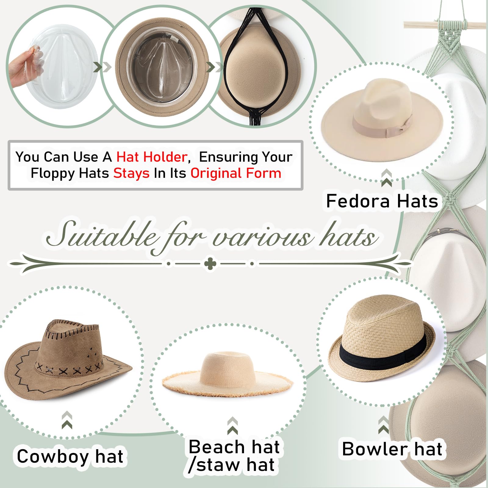 Yulejo Macrame Hat Hangers Boho Hat Rack for Wall Western Cowboy Hanging Organizer for Door Wall Room Bedroom