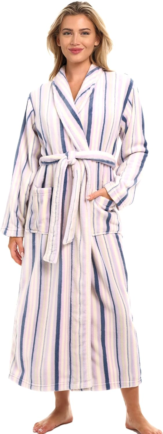 Alexander Del Rossa Plush Striped Robe for Women, Long Fleece Plaid Winter Bath Robe, Plus Size