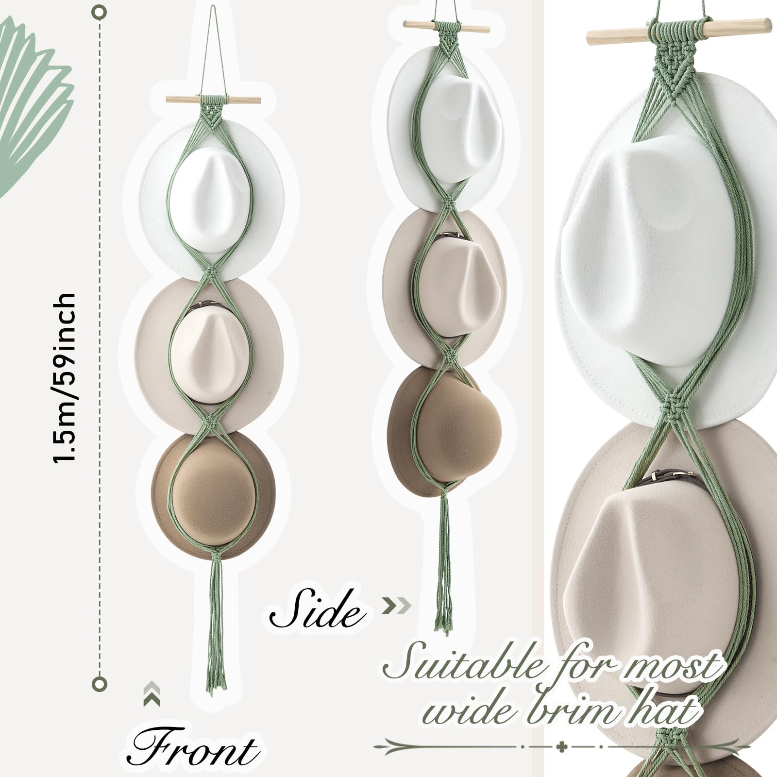 Yulejo Macrame Hat Hangers Boho Hat Rack for Wall Western Cowboy Hanging Organizer for Door Wall Room Bedroom