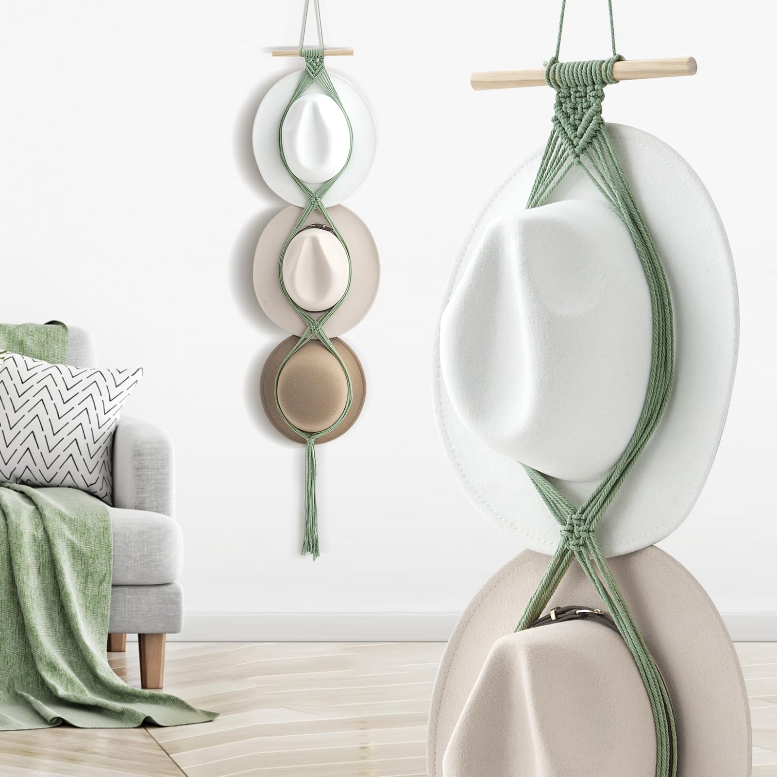 Yulejo Macrame Hat Hangers Boho Hat Rack for Wall Western Cowboy Hanging Organizer for Door Wall Room Bedroom