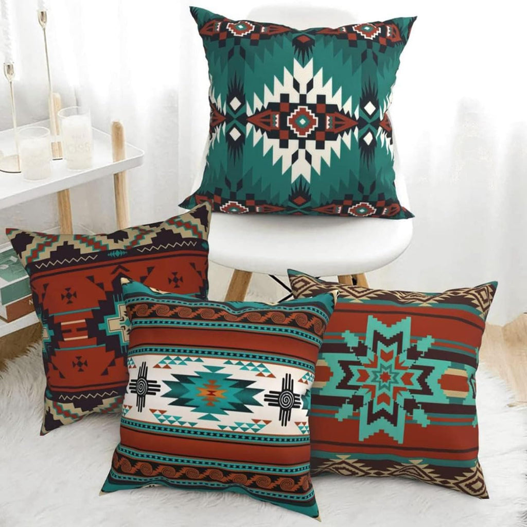 Western Native American Throw Pillow Covers 18X18 Southwestern Boho Aztec Navajo Turquoise Decorative Cushion Pillow Cases for Outdoor Home Decor Set of 4, Double Side Print (African Mudcloth)