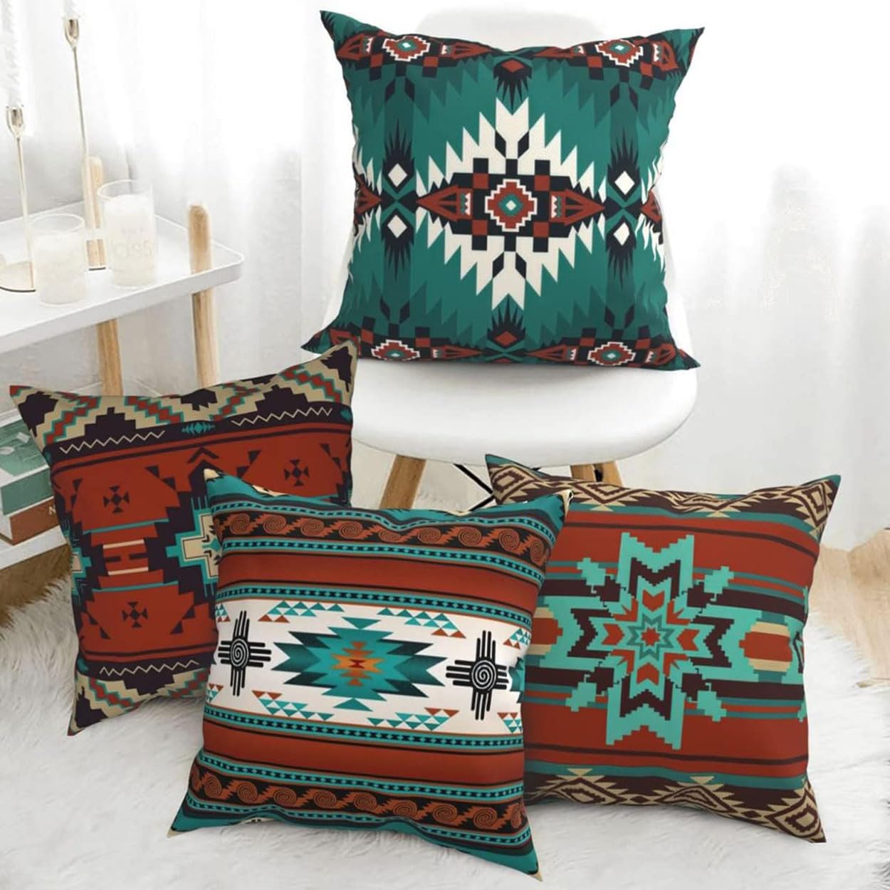 Western Native American Throw Pillow Covers 18X18 Southwestern Boho Aztec Navajo Turquoise Decorative Cushion Pillow Cases for Outdoor Home Decor Set of 4, Double Side Print (African Mudcloth)