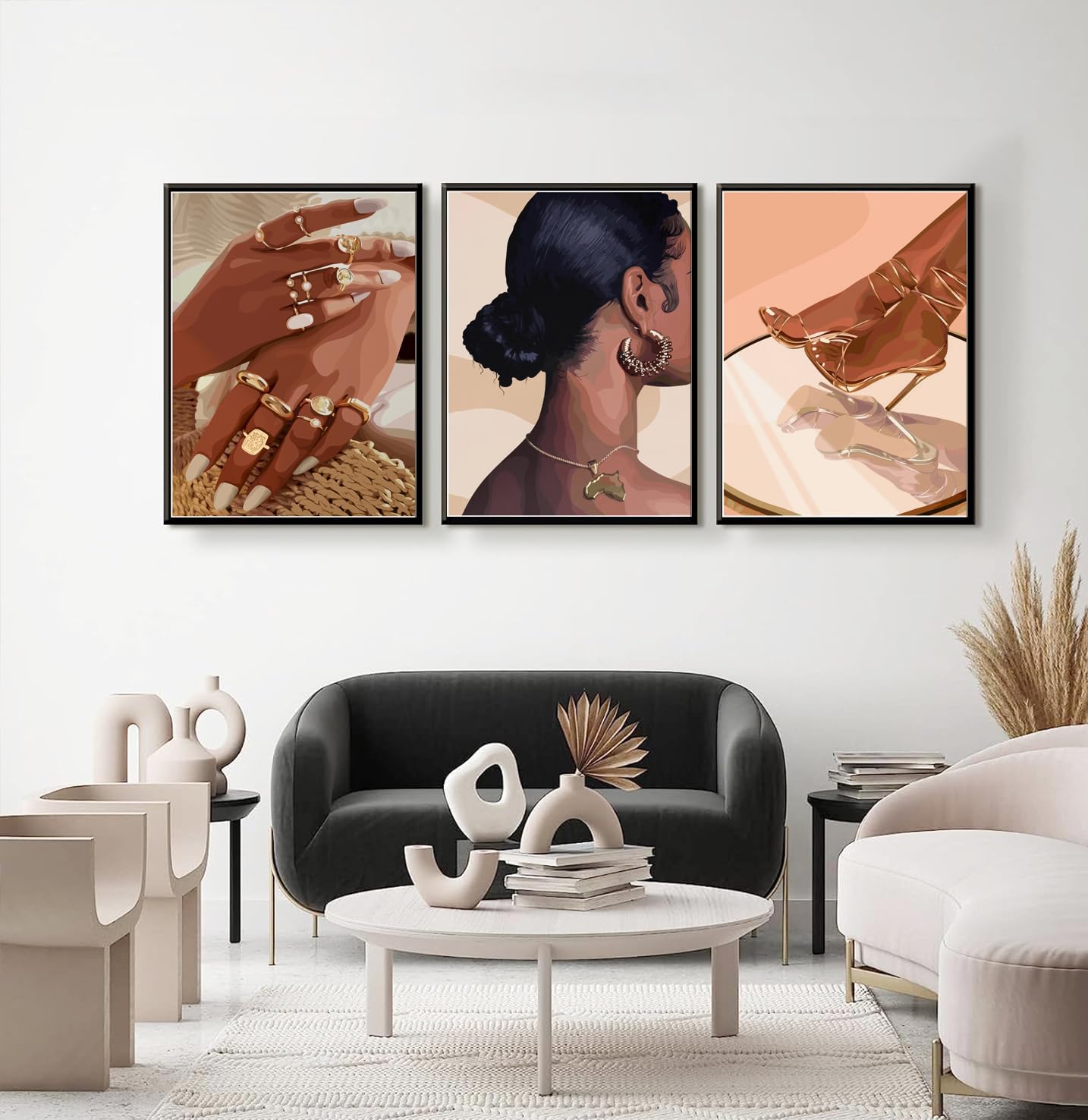 Framed Black Girl Wall Art Set of 3, Black Woman with Floral Pictures Wall Decor Paintings, Fashion African American Female Canvas Prints Home Decor for Living Room Bedroom Office 16x24 inch