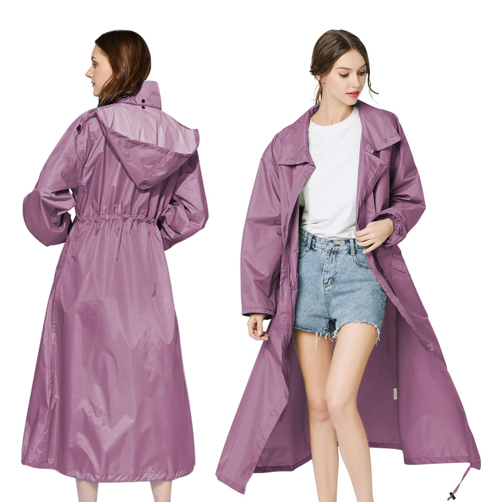 LAMA Womens Long Raincoats Rain Jacket Waterproof Packable Hooded Windbreaker Lightweight Adjustable Waist for Outdoor
