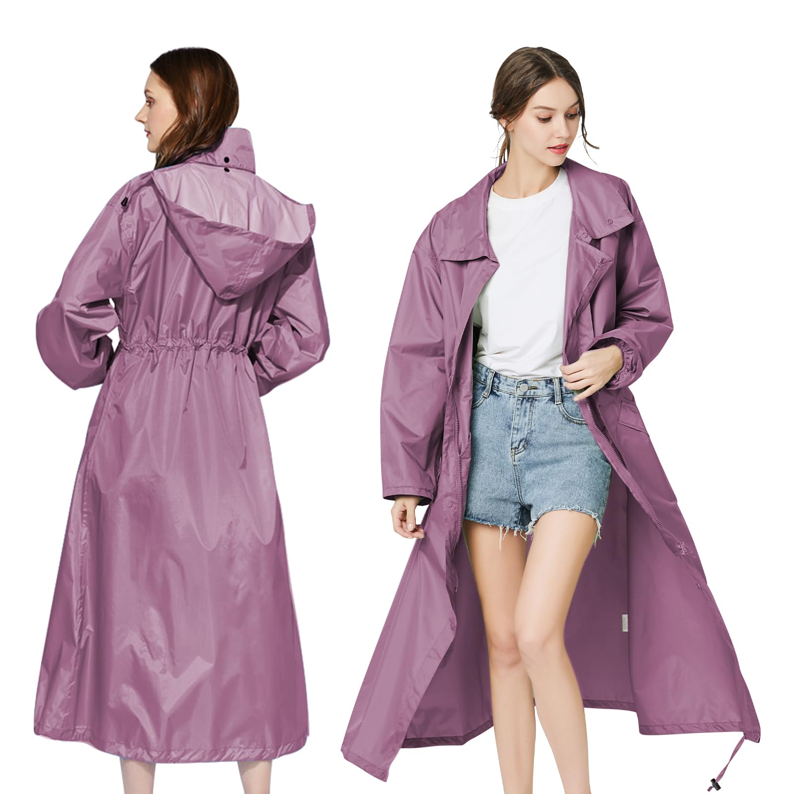 LAMA Womens Long Raincoats Rain Jacket Waterproof Packable Hooded Windbreaker Lightweight Adjustable Waist for Outdoor