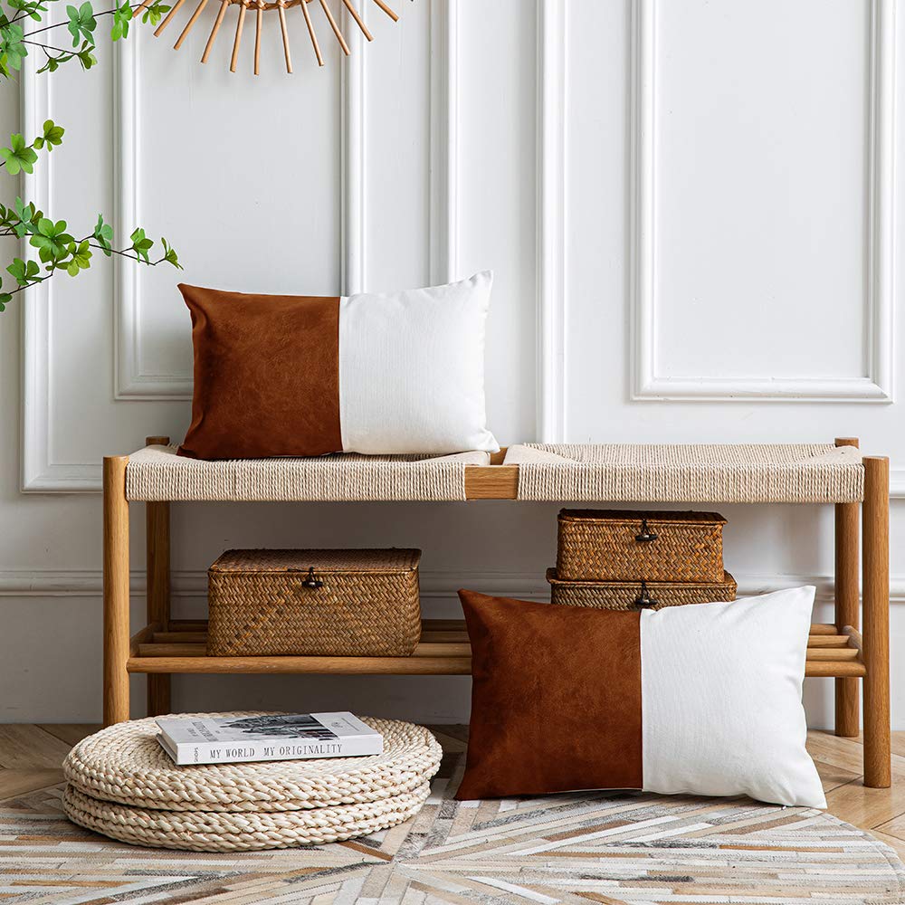 DEZENE Leather Throw Pillow Covers, Set of 2 Modern Leather/Cotton Decorative Pillowcases for Home Decor Bedroom Living Room Couch Bed Sofa, 18x18 Inch, Cognac-Brown and White