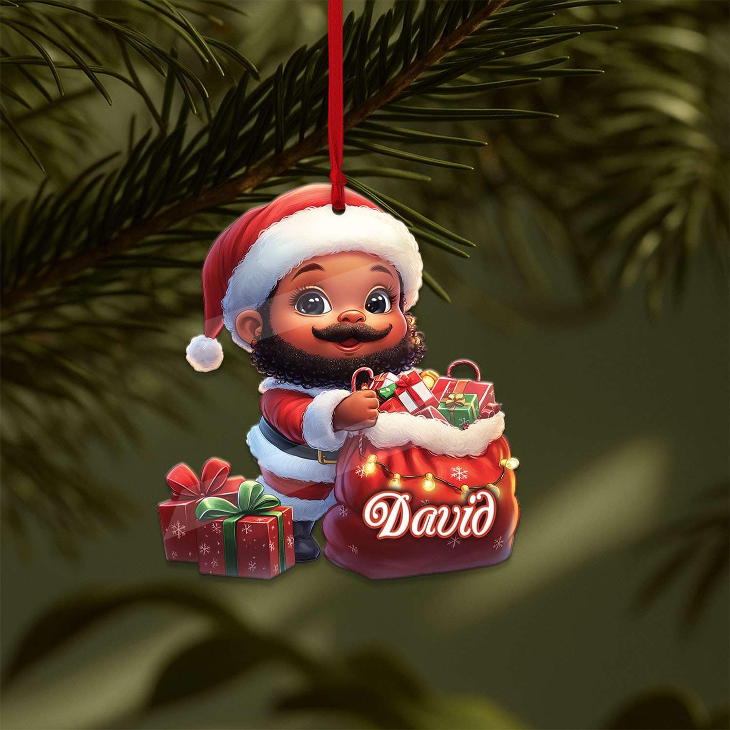 2D Acrylic Christmas Elf Shaped Ornament with Gift Box, Personalized Name Holiday Keepsake, Cute Ornament for Kids Room, Custom Name African-Inspired Decoration, Gifts for Boys