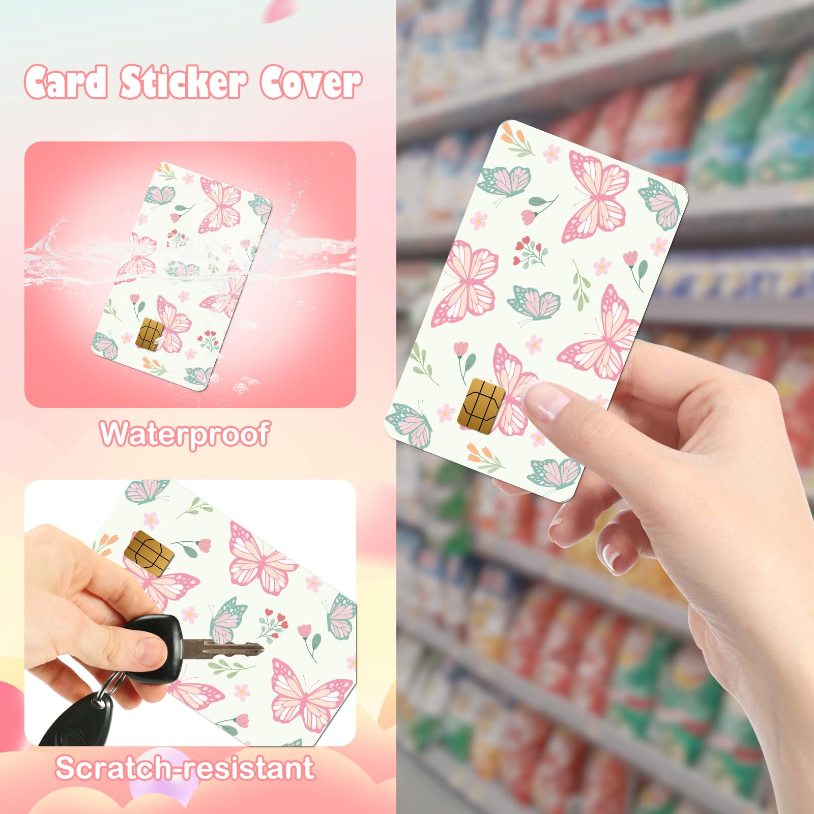 Credit Card Skin Stickers - 4 Pcs Pink Strawberry Debit Card Skin Stickers, Cute Berry Bow Daisy Removable Waterproof Decal Cover Set for DIY Key, Transportation