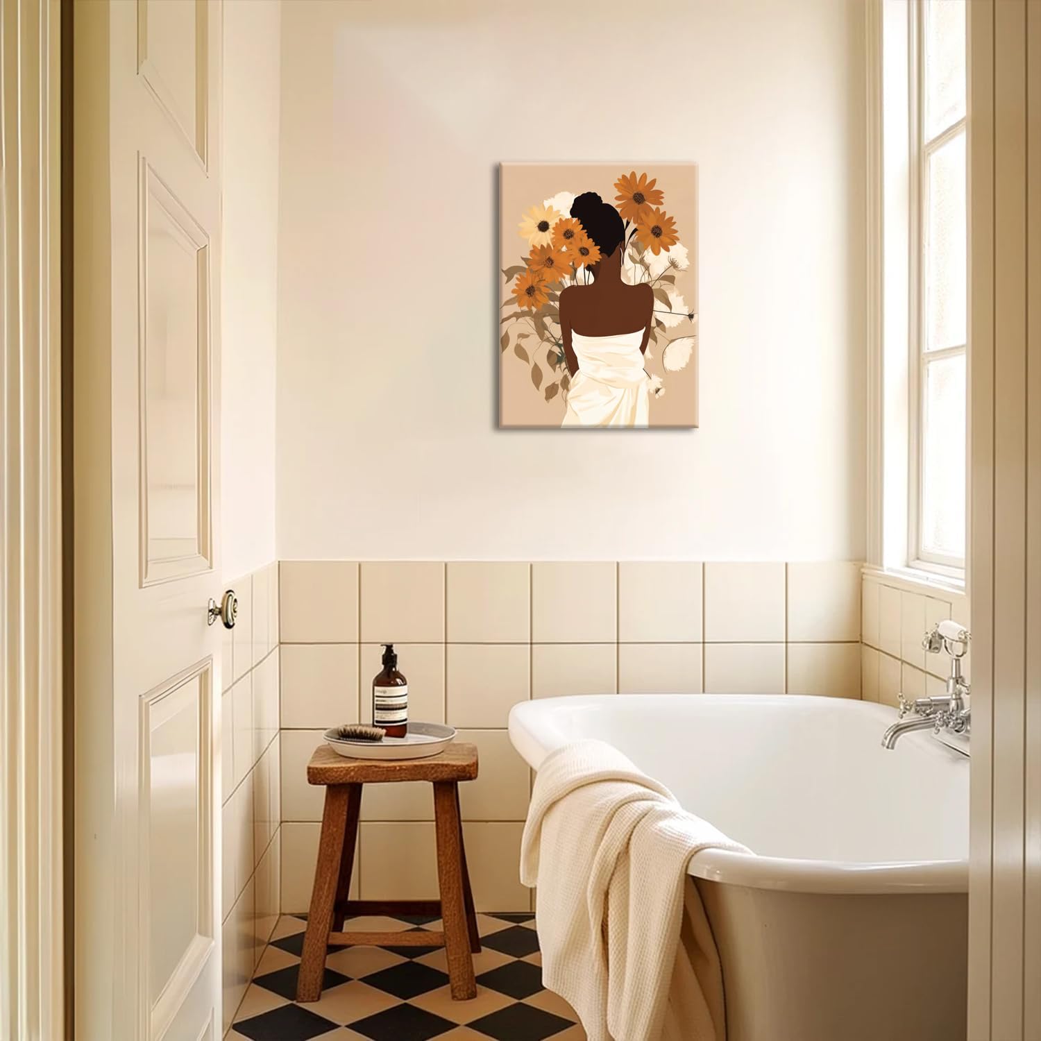 Framed Black Girl Wall Art Set of 3, Black Woman with Floral Pictures Wall Decor Paintings, Fashion African American Female Canvas Prints Home Decor for Living Room Bedroom Office 16x24 inch