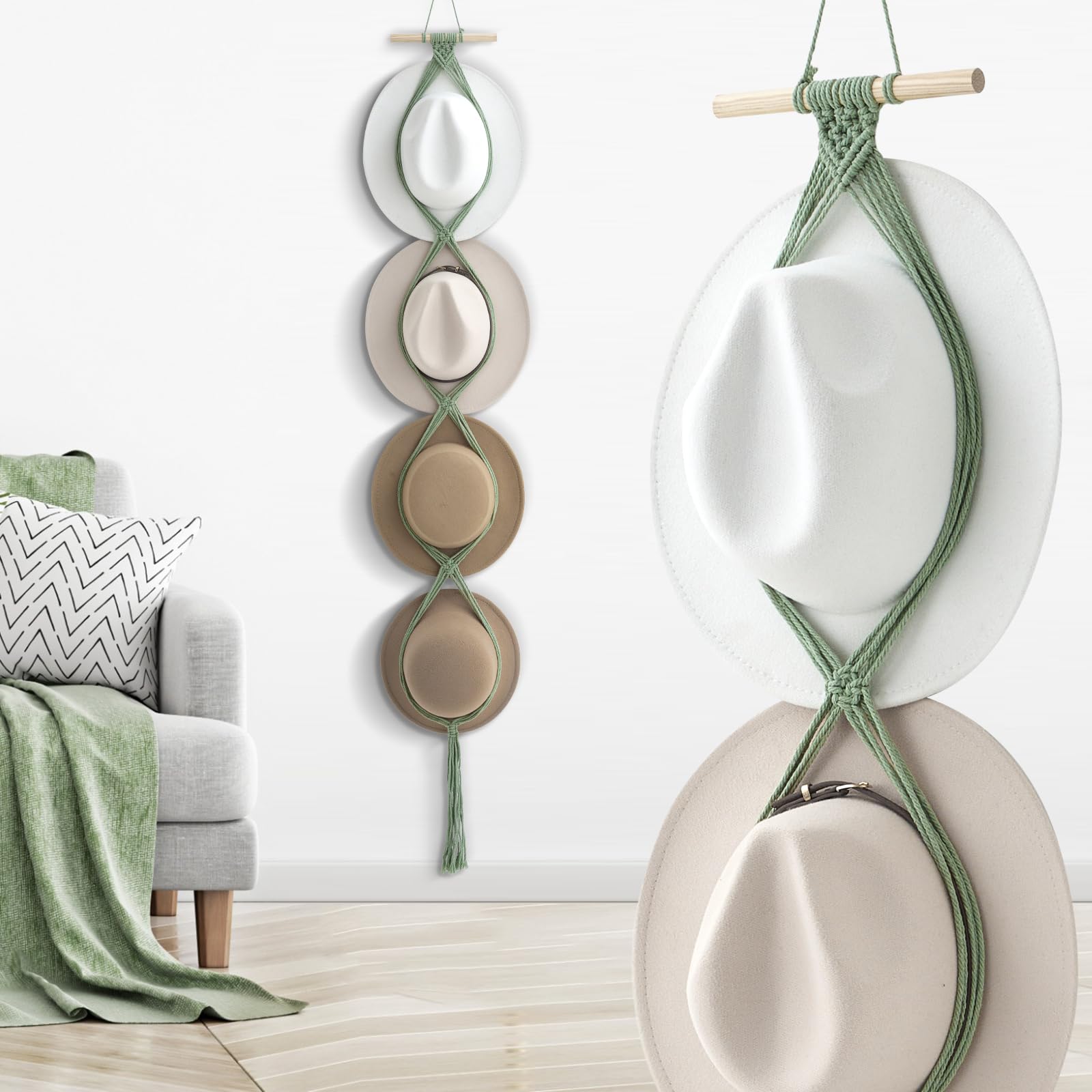 Yulejo Macrame Hat Hangers Boho Hat Rack for Wall Western Cowboy Hanging Organizer for Door Wall Room Bedroom