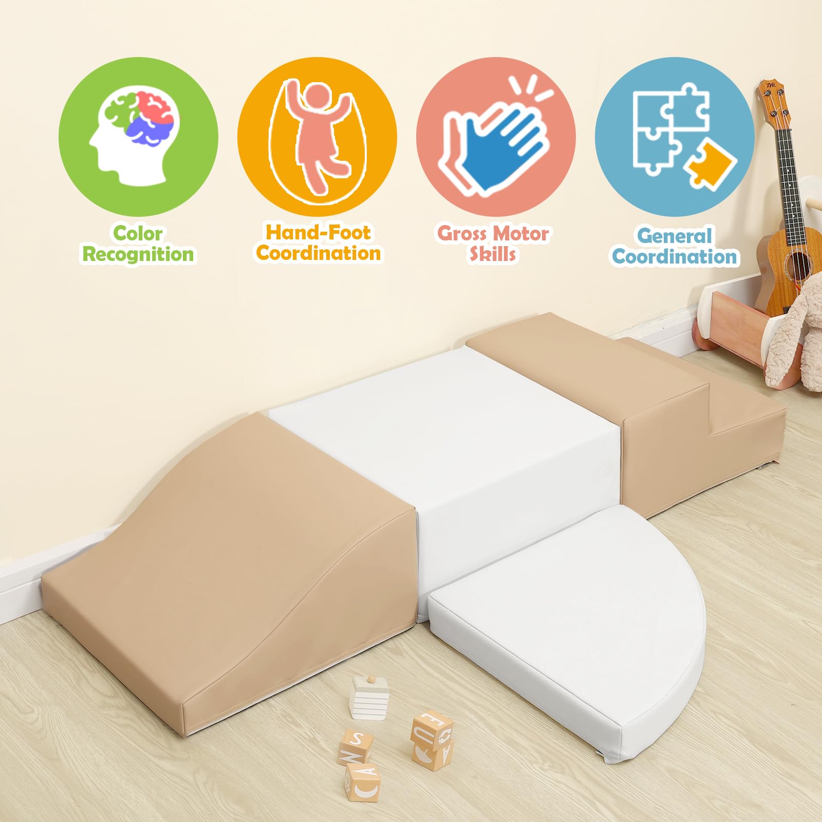 4-Piece Soft PU Leather Toddlers Climbing Toys, Baby Foam Climbing Blocks for Toddlers 3, Foam Play Gym Climbing Structures, Indoor Climb and Crawl Activity Play Set (White and Coffee)