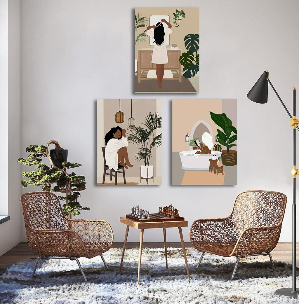 Framed Abstract African American Black Woman Canvas Wall Art, Boho Fashion Flower Art print, Black Women Bedroom Home Decor, Black Girl Poster