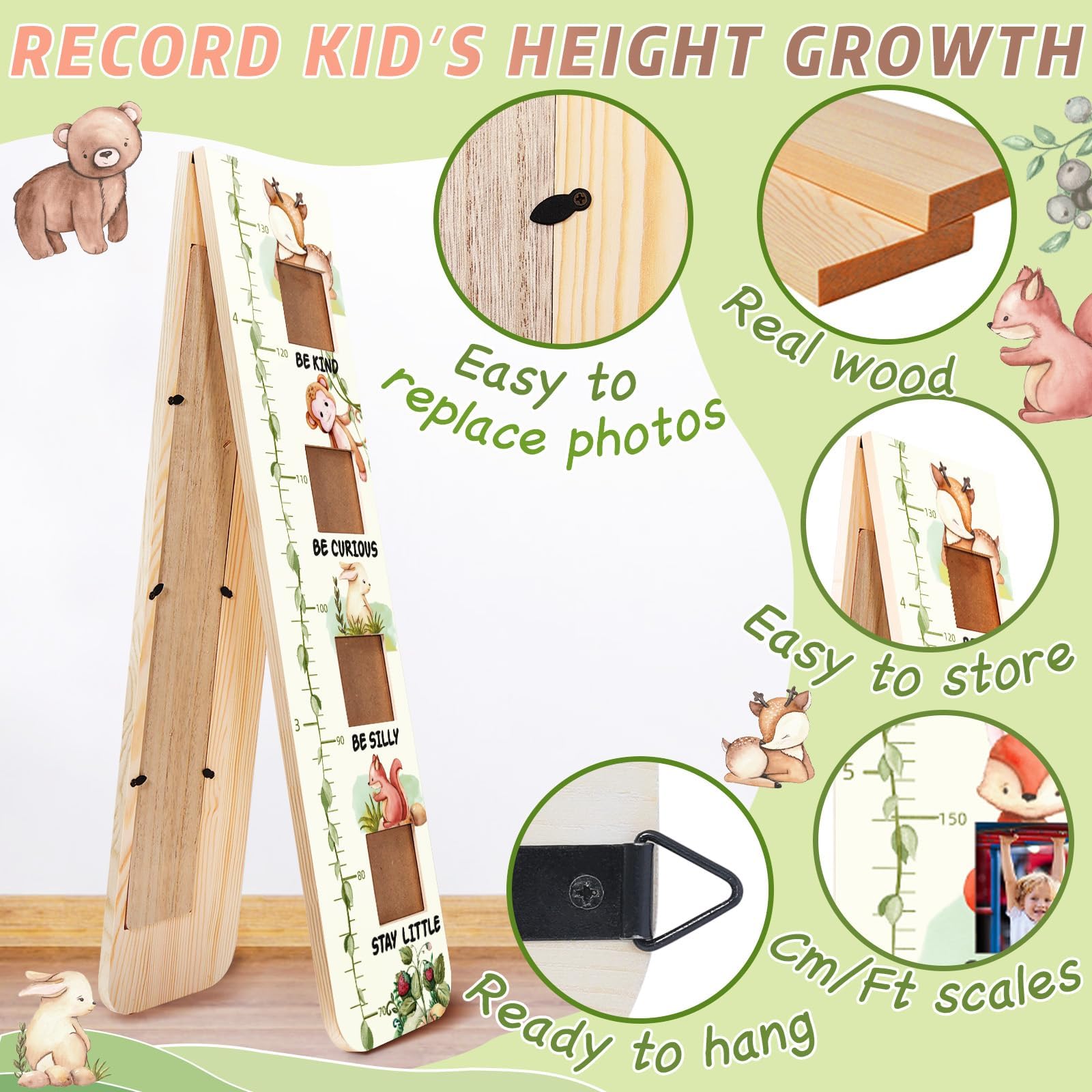 Garybank Solid Wood Growth Chart for Kids with Picture Frames, Height Measurement Ruler Milestone Markers, Foldable Kids Height Wall Chart, Christmas Keepsake Gift for Toddler Boy Girl Room Wall Decor
