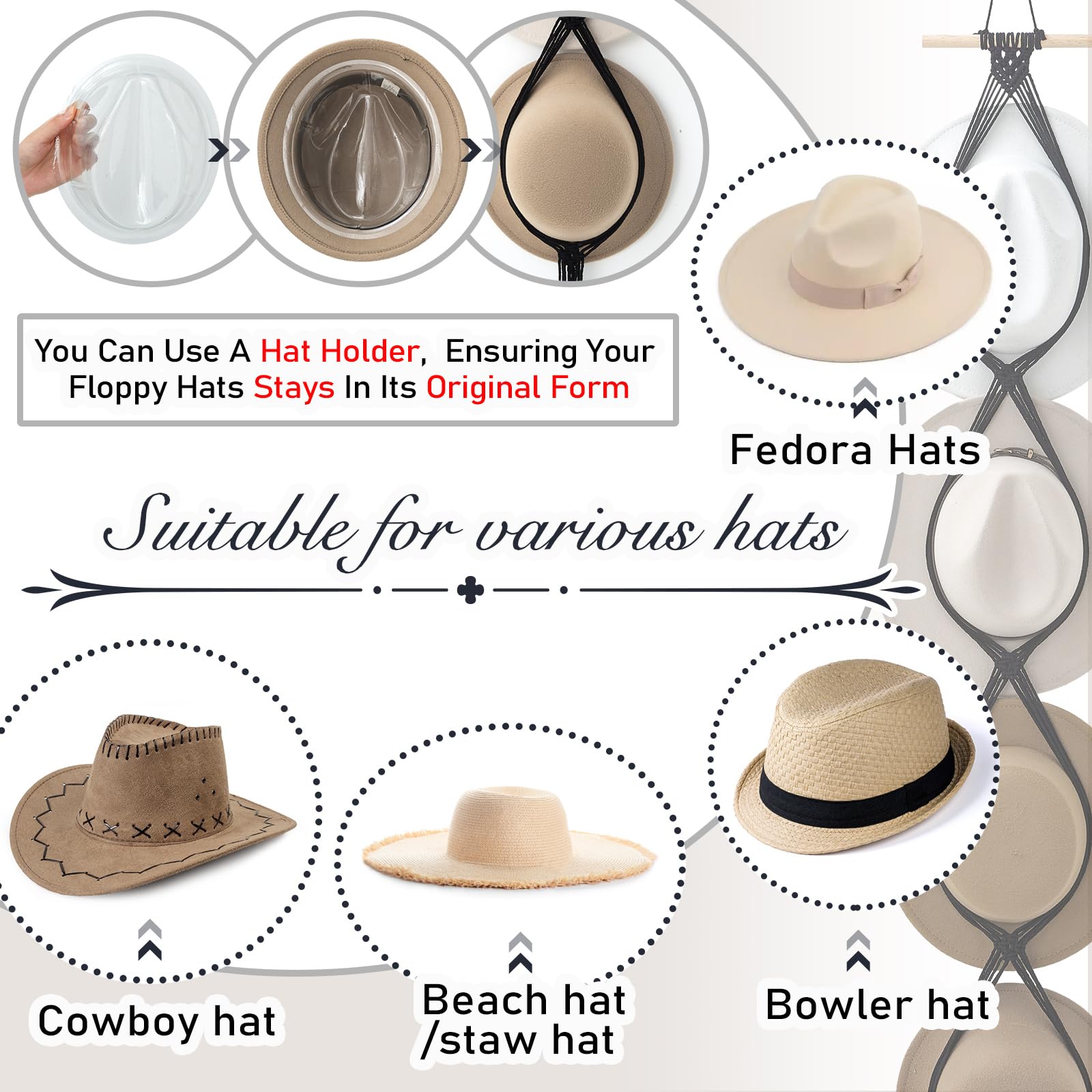 Yulejo Macrame Hat Hangers Boho Hat Rack for Wall Western Cowboy Hanging Organizer for Door Wall Room Bedroom