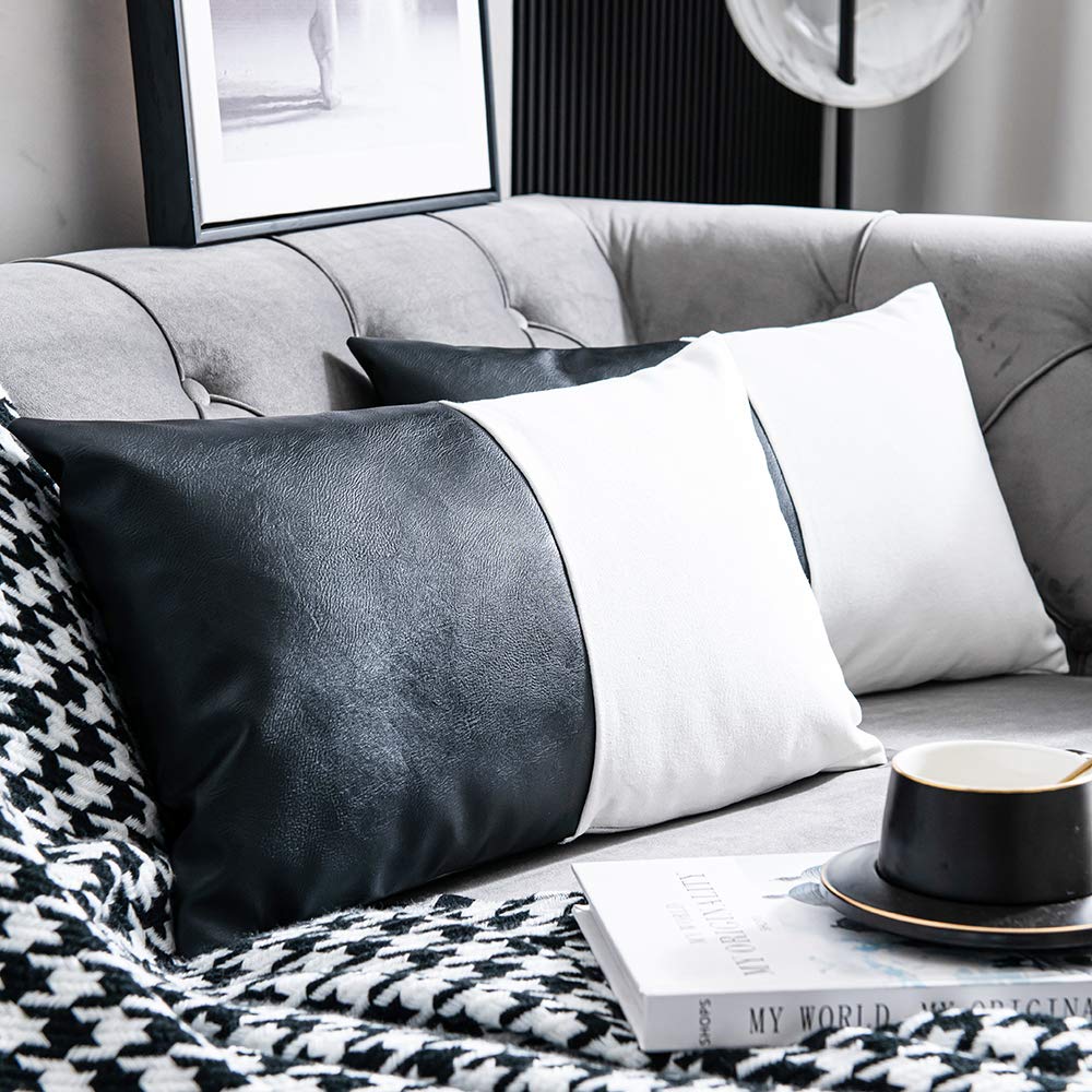 DEZENE Leather Throw Pillow Covers, Set of 2 Modern Leather/Cotton Decorative Pillowcases for Home Decor Bedroom Living Room Couch Bed Sofa, 18x18 Inch, Cognac-Brown and White