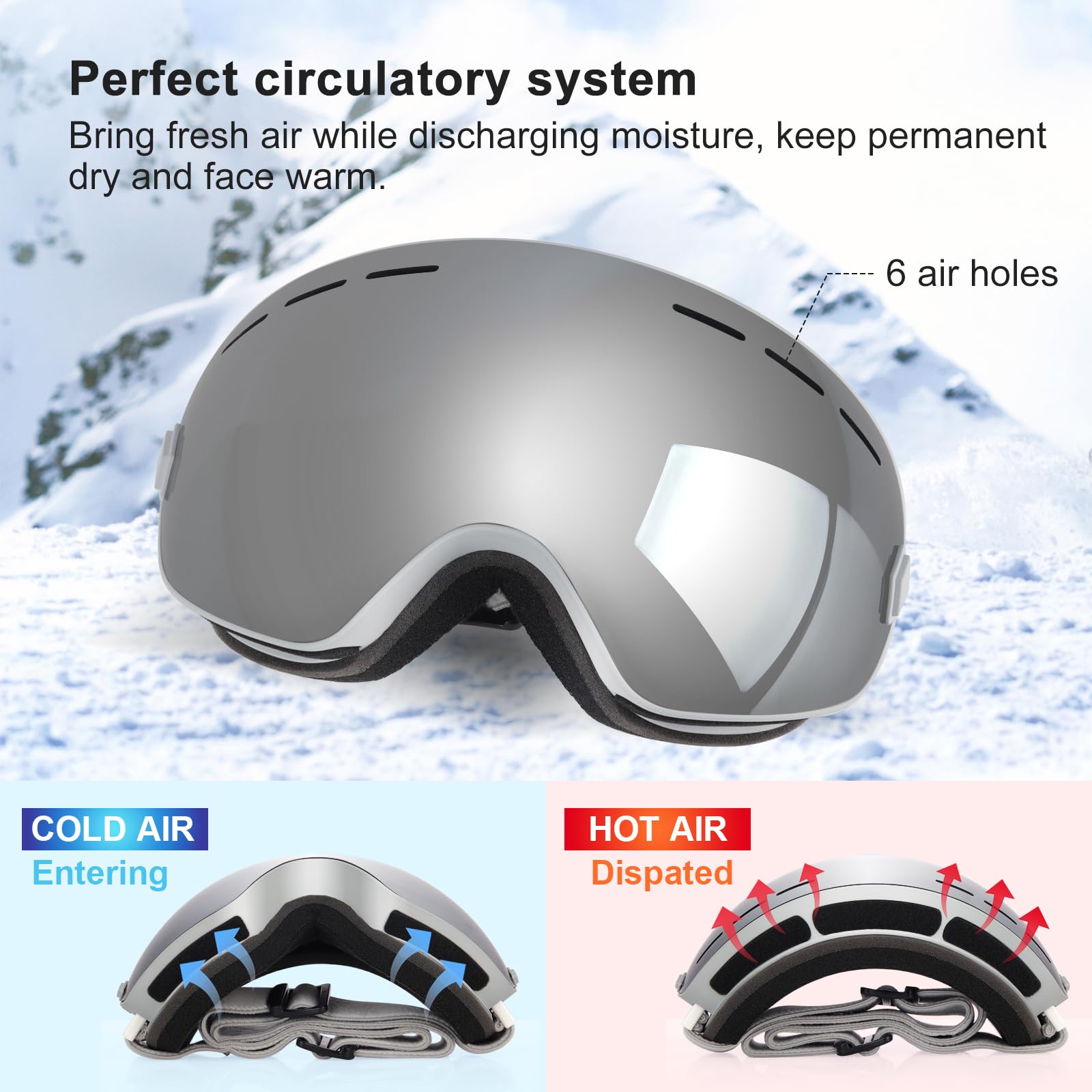 EXP VISION Snowboard Ski Goggles Men Women Youth, Anti Fog OTG Winter Snow Goggles Spherical Detachable Lens