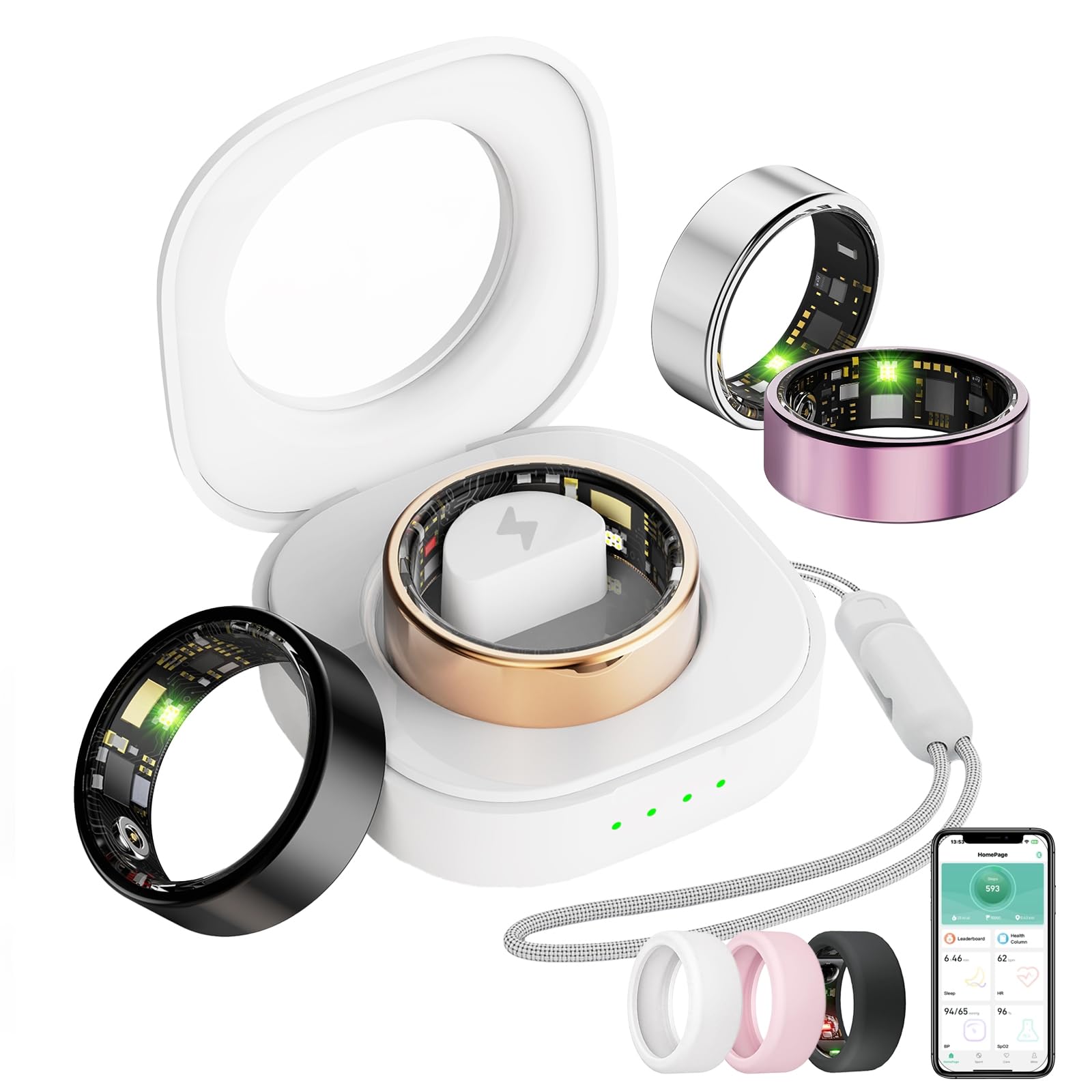 Smart Ring for Women Men, Health Tracker with Heart Rate/Blood Oxygen/Blood Pressure/Sleep Monitoring/Step Counting, IP68 Waterproof Fitness Ring, No App Fees for iPhone & Android (Black, 8#)