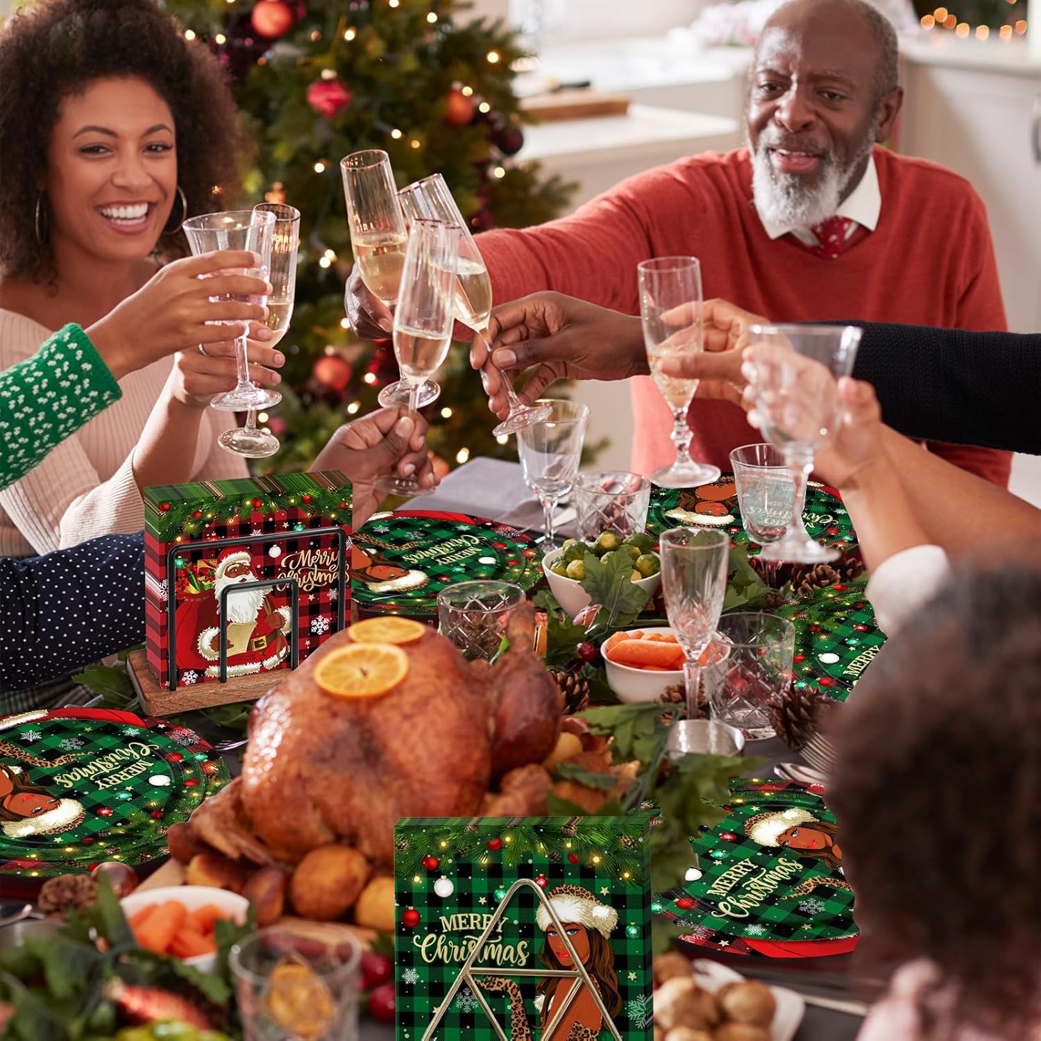 GREHUMOR African American Christmas Decorations 60Pcs Black Santa Claus Plates and Napkins Black Santa Party Tableware Set Santa Disposable Plates Merry Christmas Party Supplies Serves 20