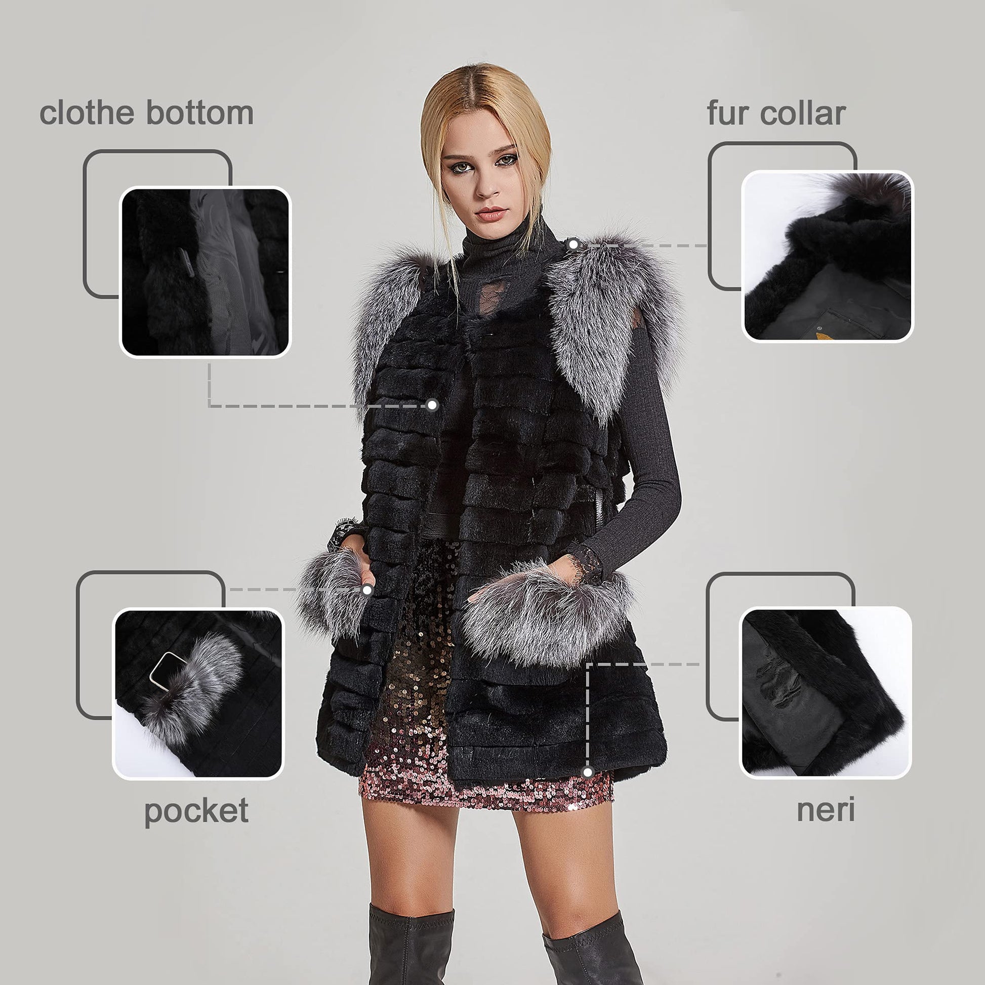 Fur Story Women's Genuine Rabbit Fur Coat With Fox Fur Cuffs Warm Winter Coat Black Long Jacket