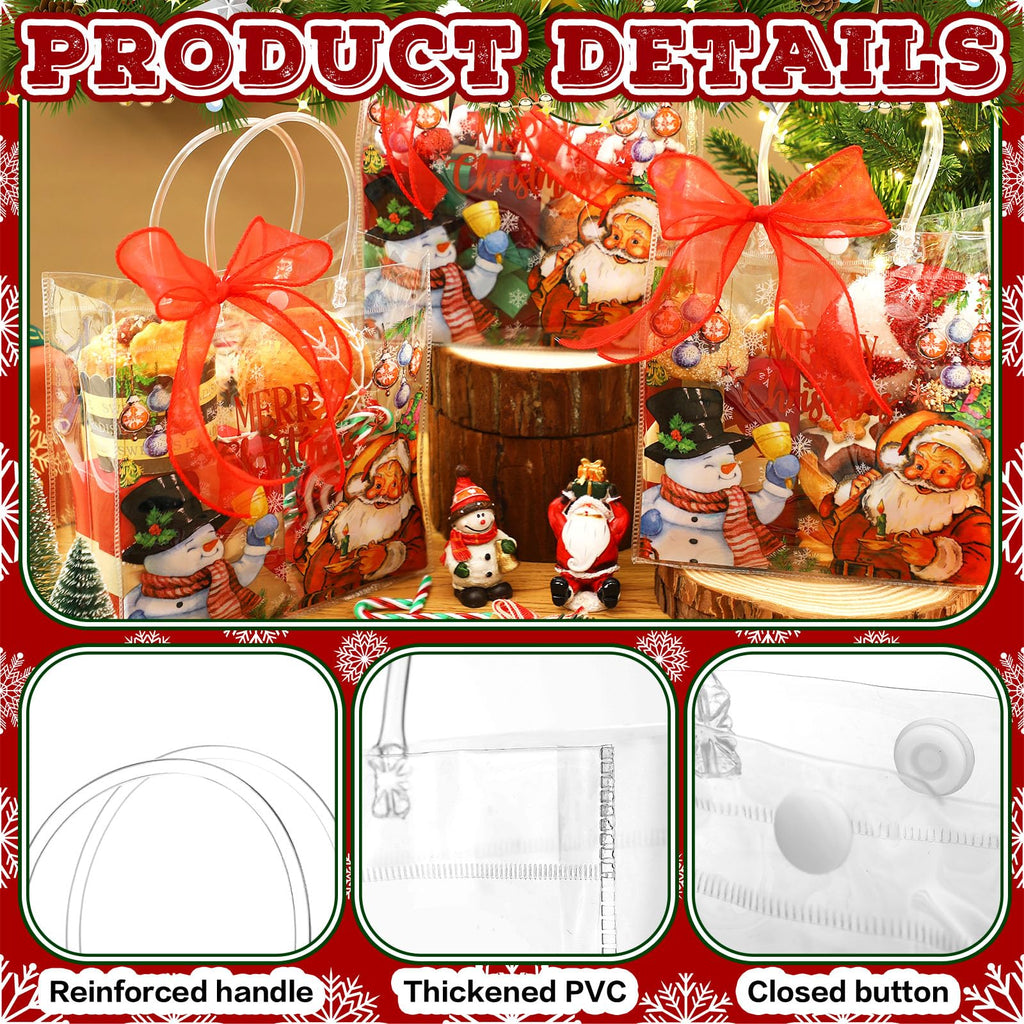 Motipuns 24 Pcs Christmas Clear PVC Gift Bags with Handles and Ribbon African American Black Santa Claus Party Favor Reusable Plastic Candy Treat Tote Bags for Merry New year Xmas Birthday Supplies